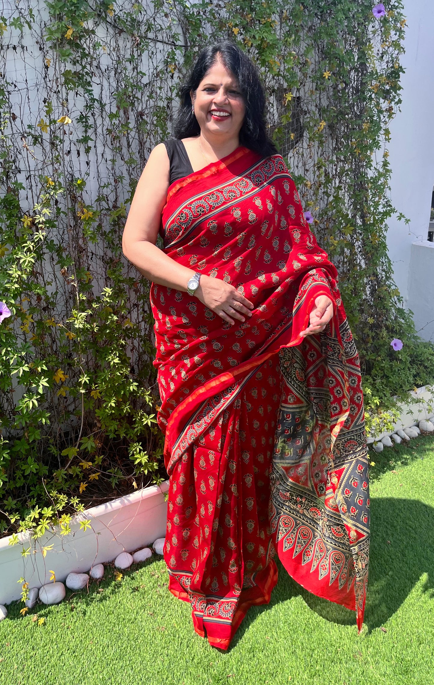 Red & Blue Ajrakh Chanderi Saree