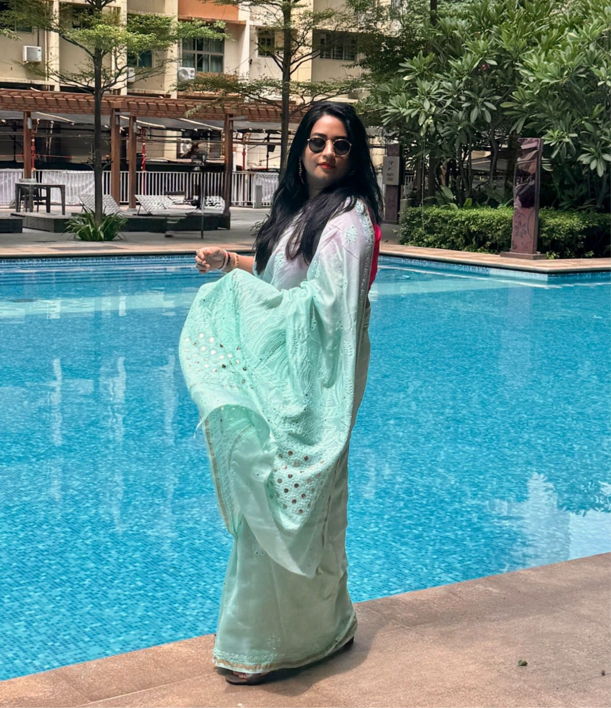 Sea Green Ombre Chikankari Chanderi Saree with Mukaish work