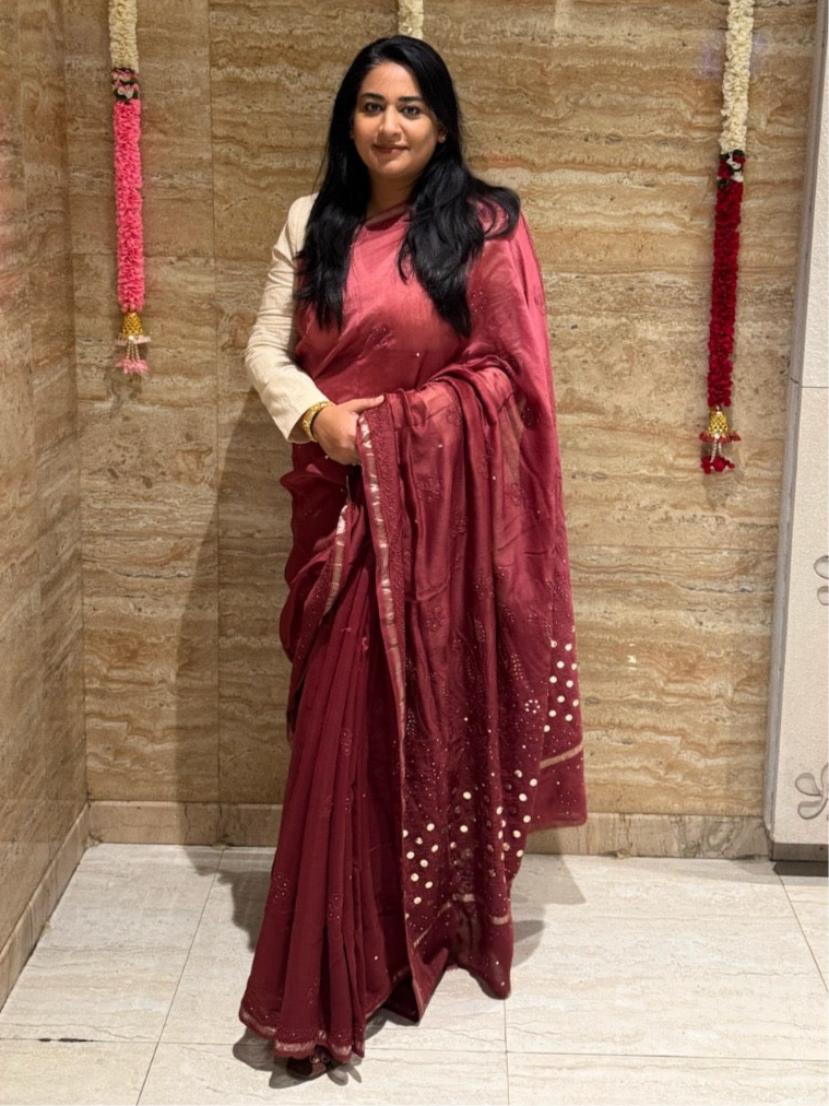 Burgundy Ombre Chikankari Chanderi Saree with Mukaish work
