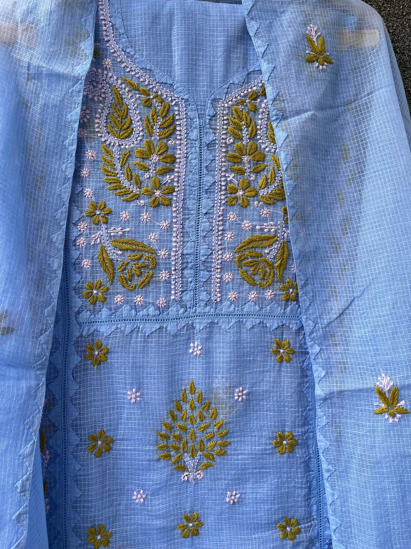 Anupama Blue & Green Unstitched Chikankari & Applique Suit Set