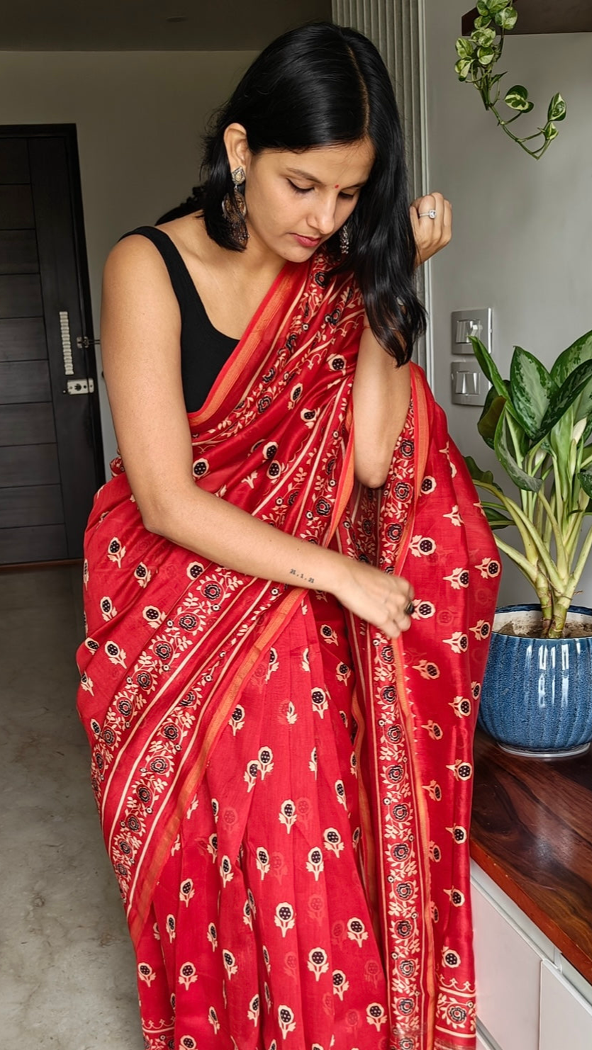 Red Ajrakh Chanderi Saree
