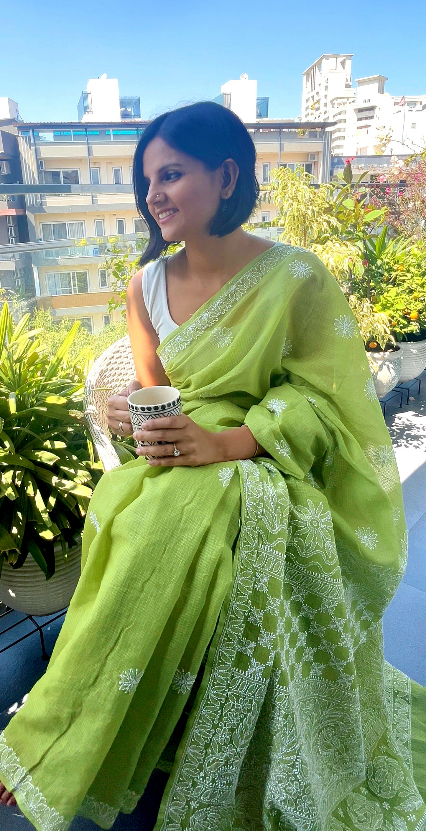 Green Chikankari Kotadoriya Saree
