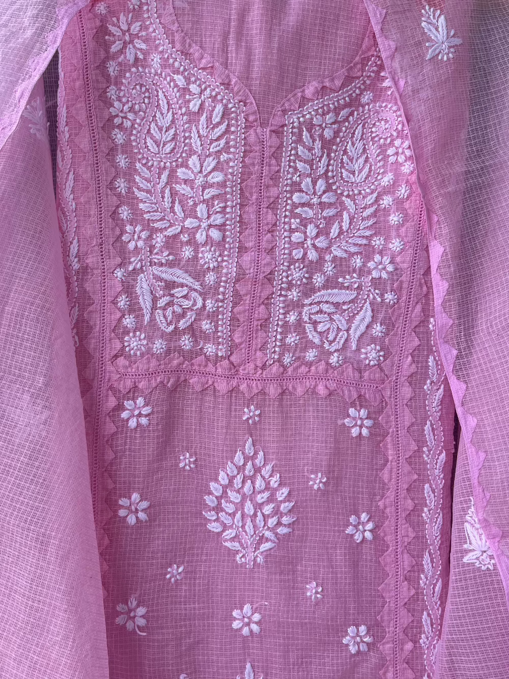Anupama Pink & White Unstitched Chikankari & Applique Suit Set