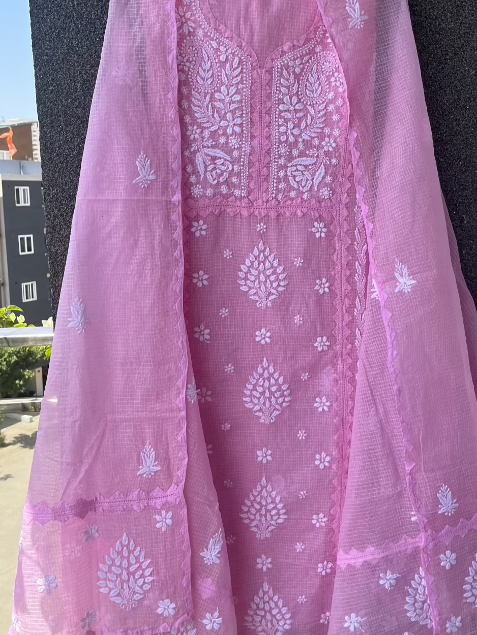 Anupama Pink & White Unstitched Chikankari & Applique Suit Set
