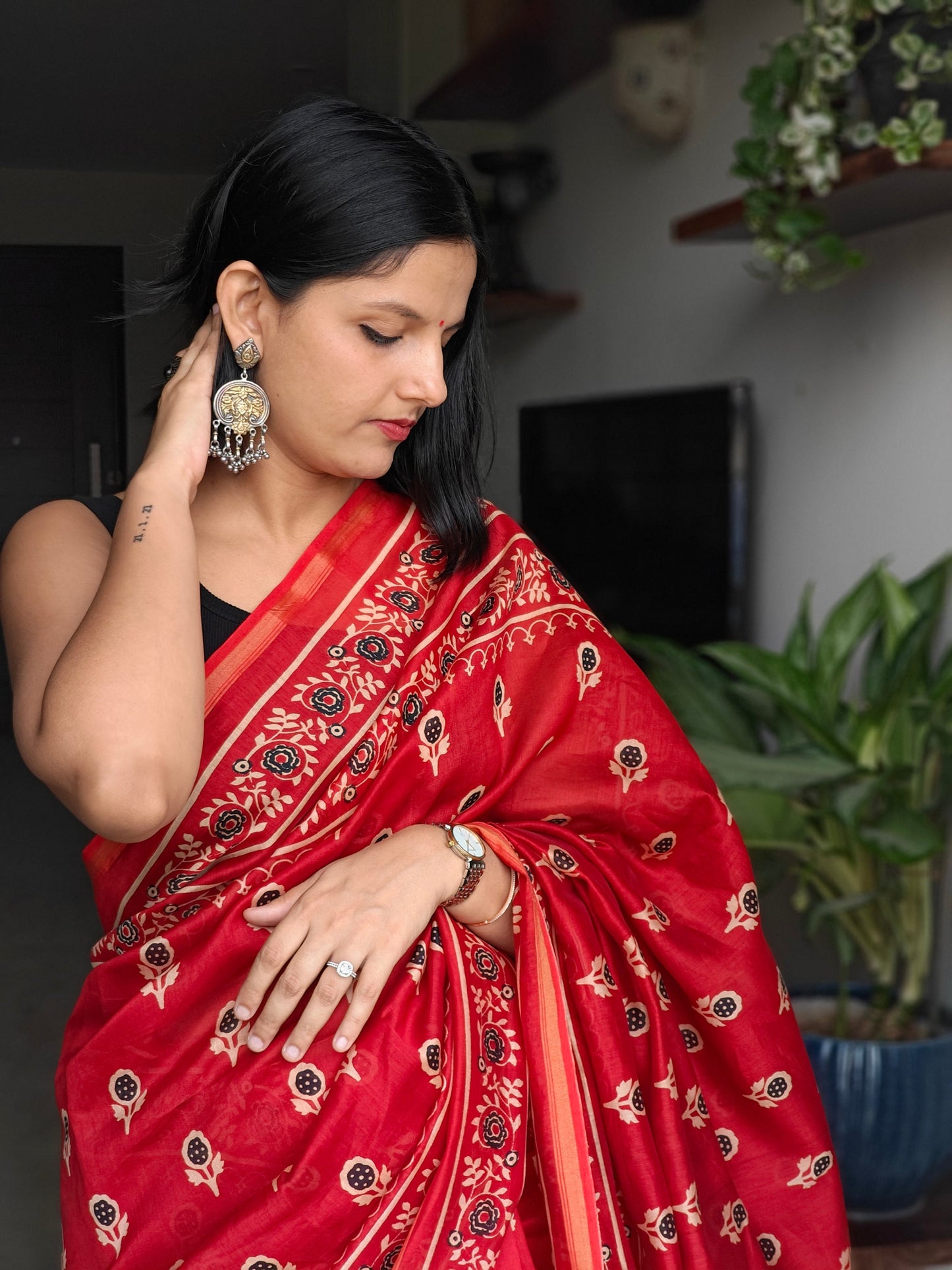 Red Ajrakh Chanderi Saree