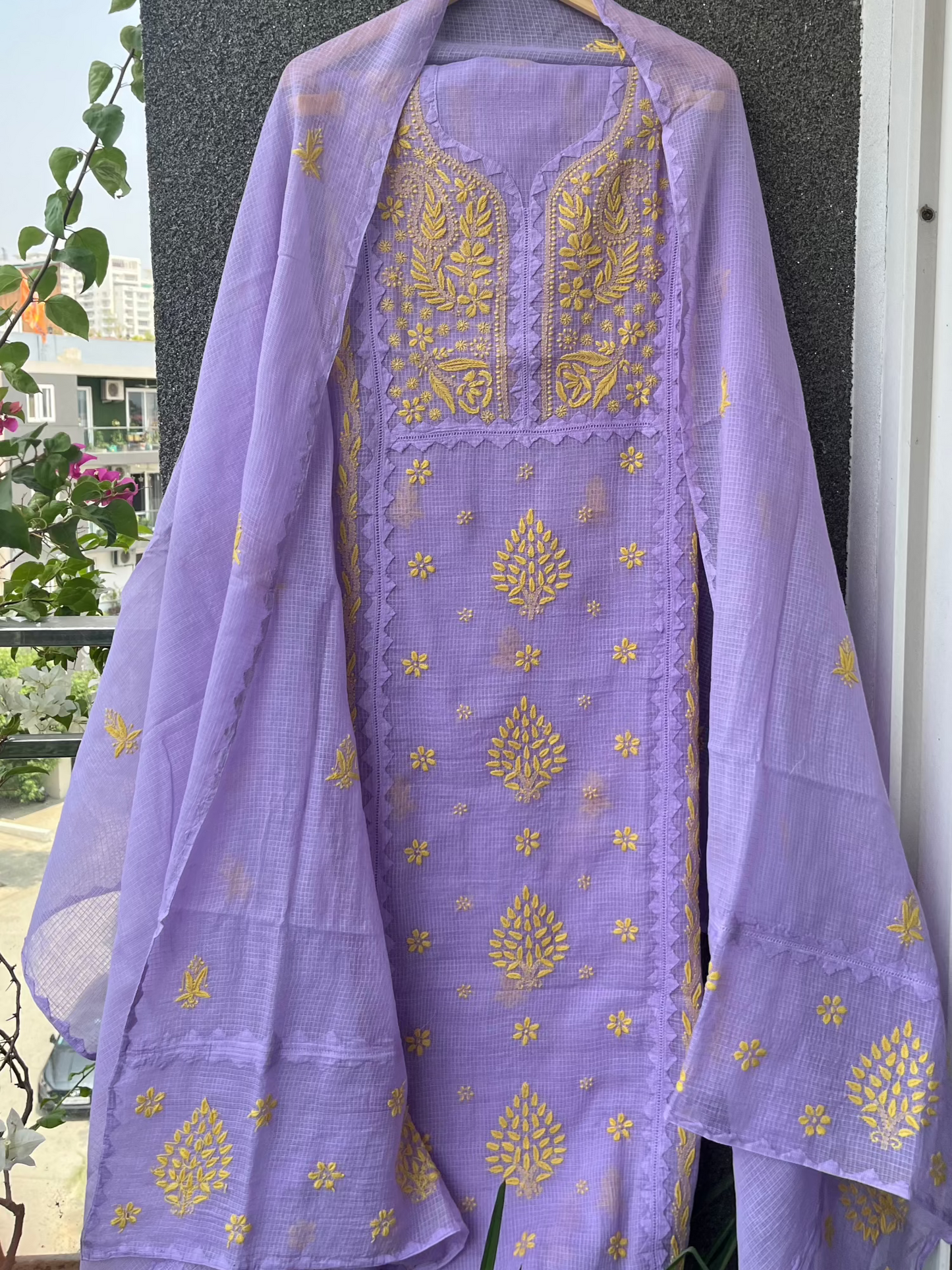 Anupama Purple & Yellow Unstitched Chikankari & Applique Suit Set