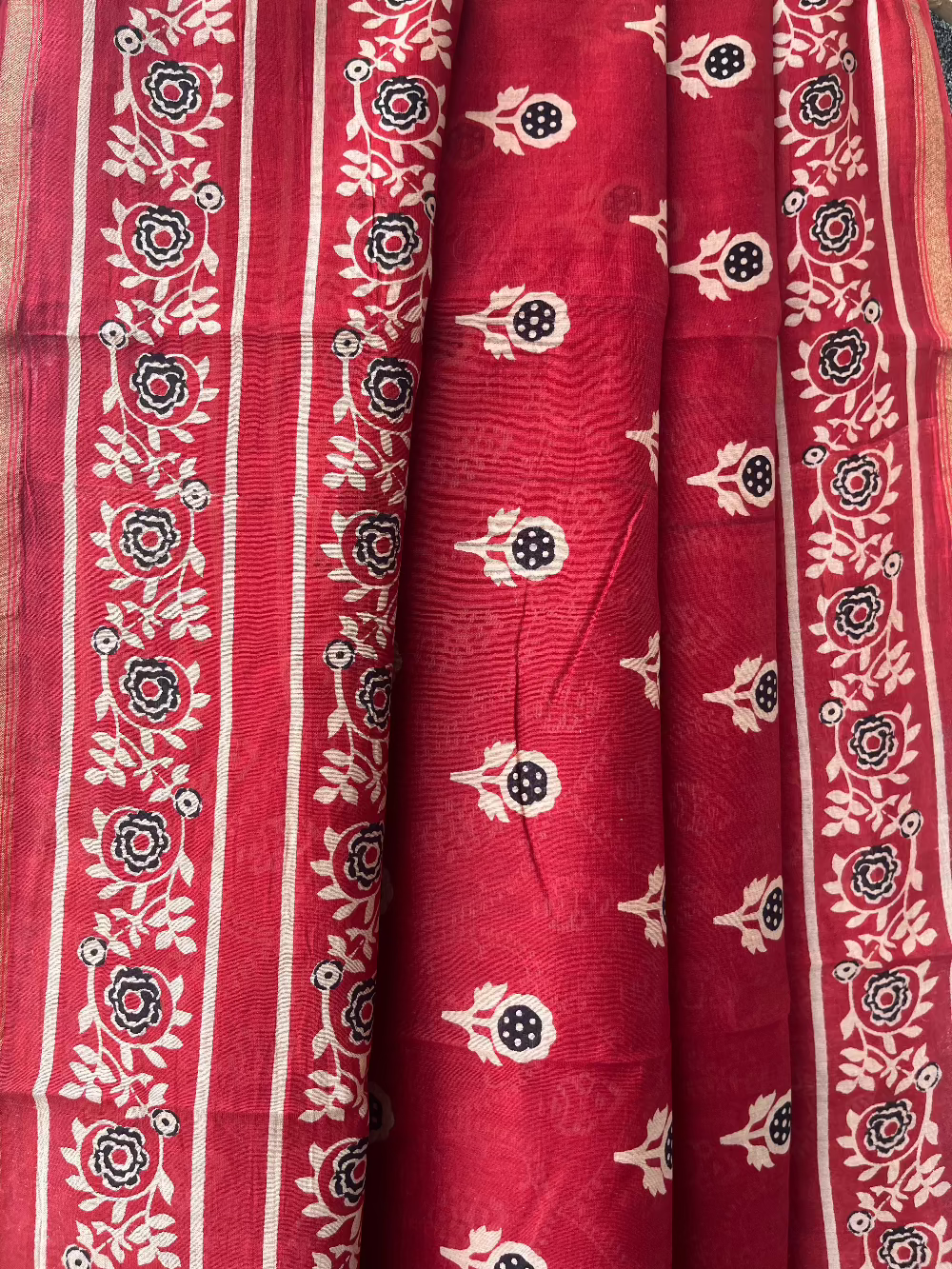 Red Ajrakh Chanderi Saree