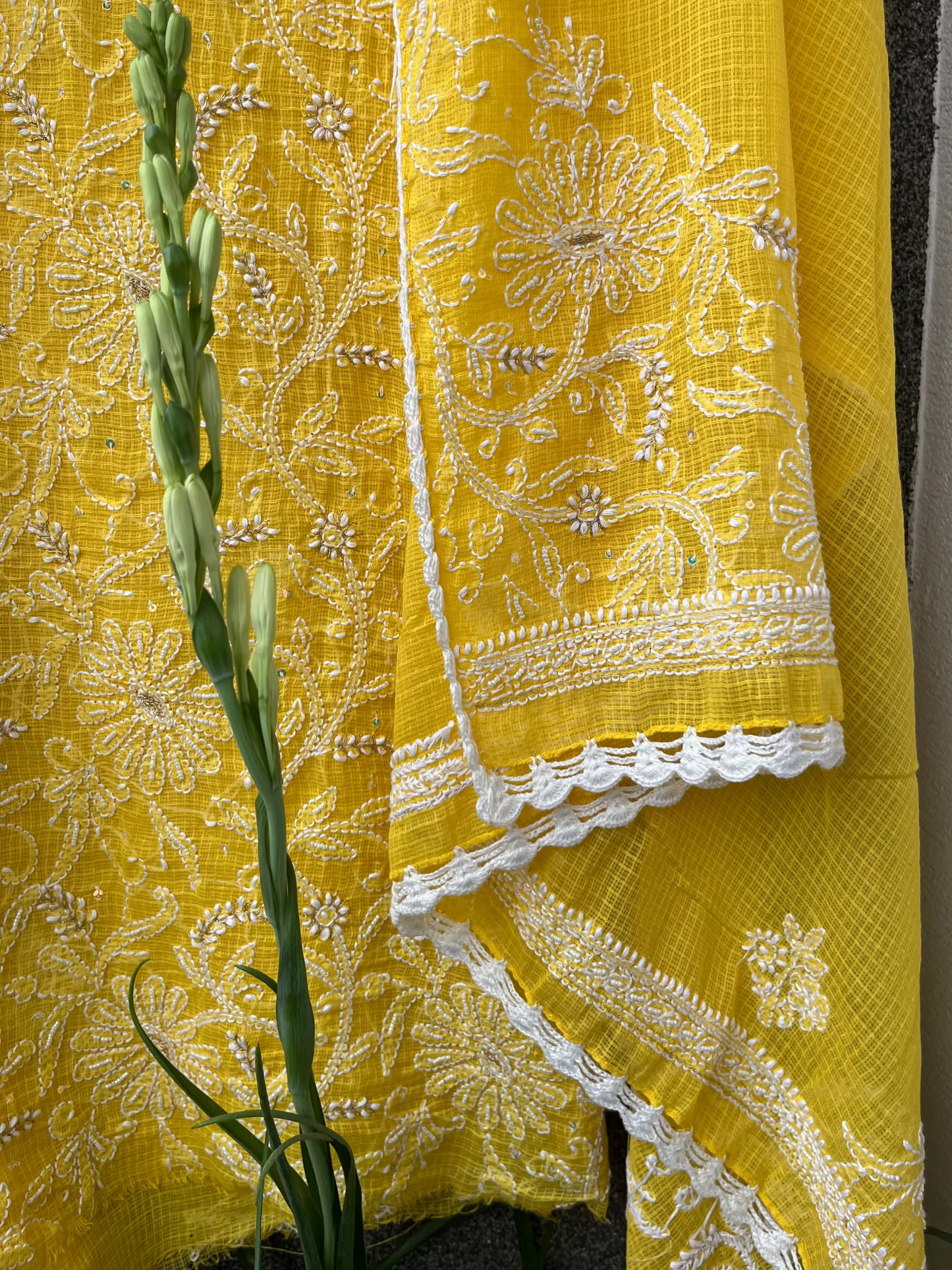Yellow Kota Unstitched Chikankari & Pearl Festive 2 pc Suit Set