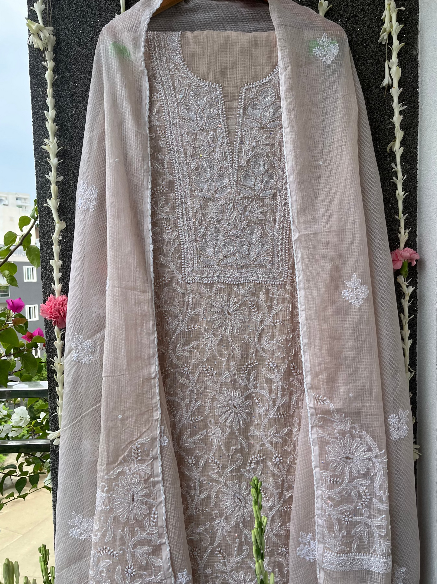 Beige Kota Unstitched Chikankari & Pearl Festive Suit Set