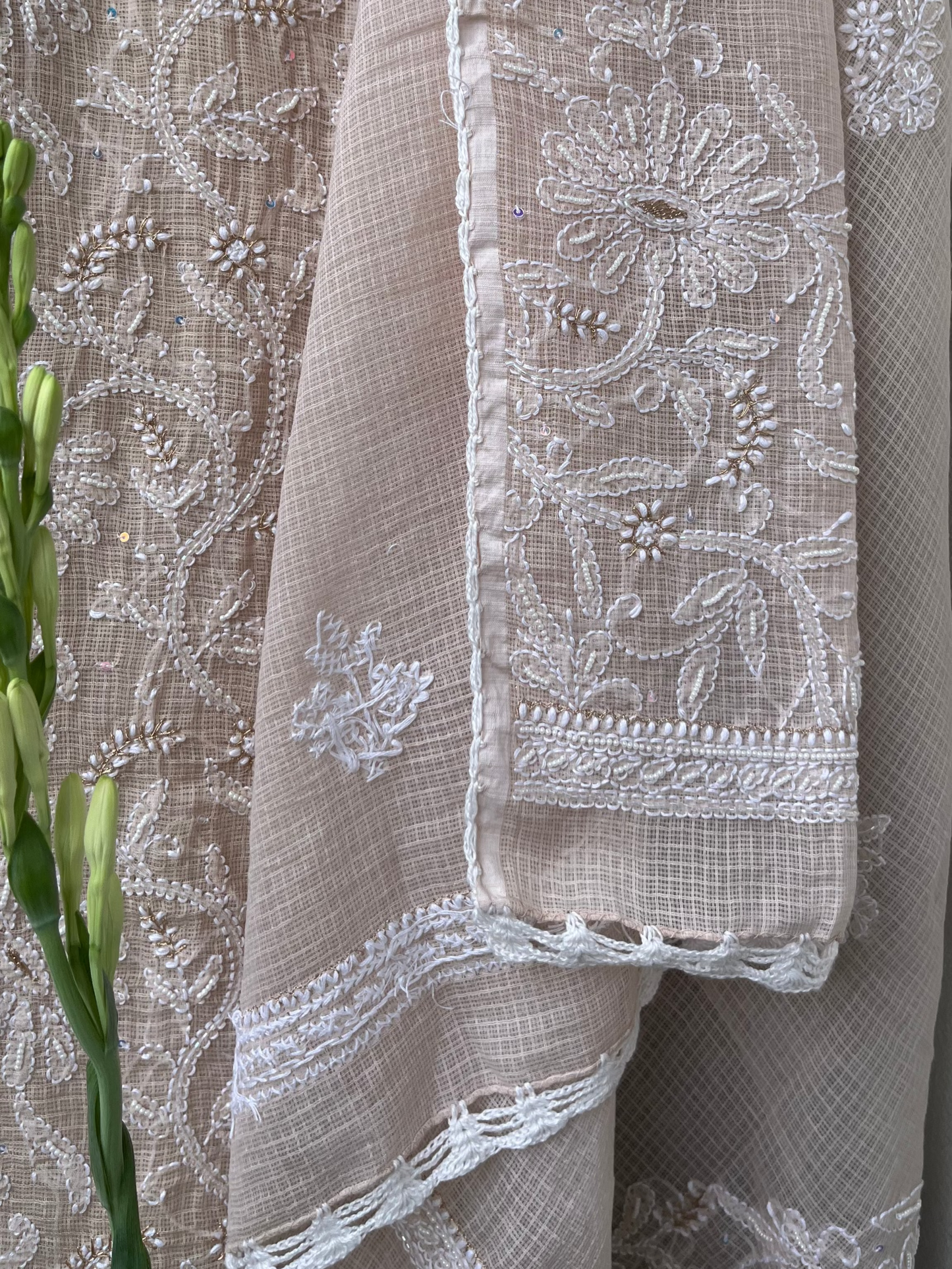 Beige Kota Unstitched Chikankari & Pearl Festive Suit Set