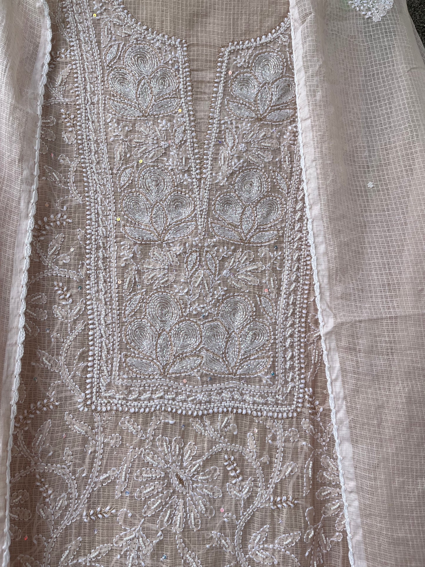 Beige Kota Unstitched Chikankari & Pearl Festive Suit Set