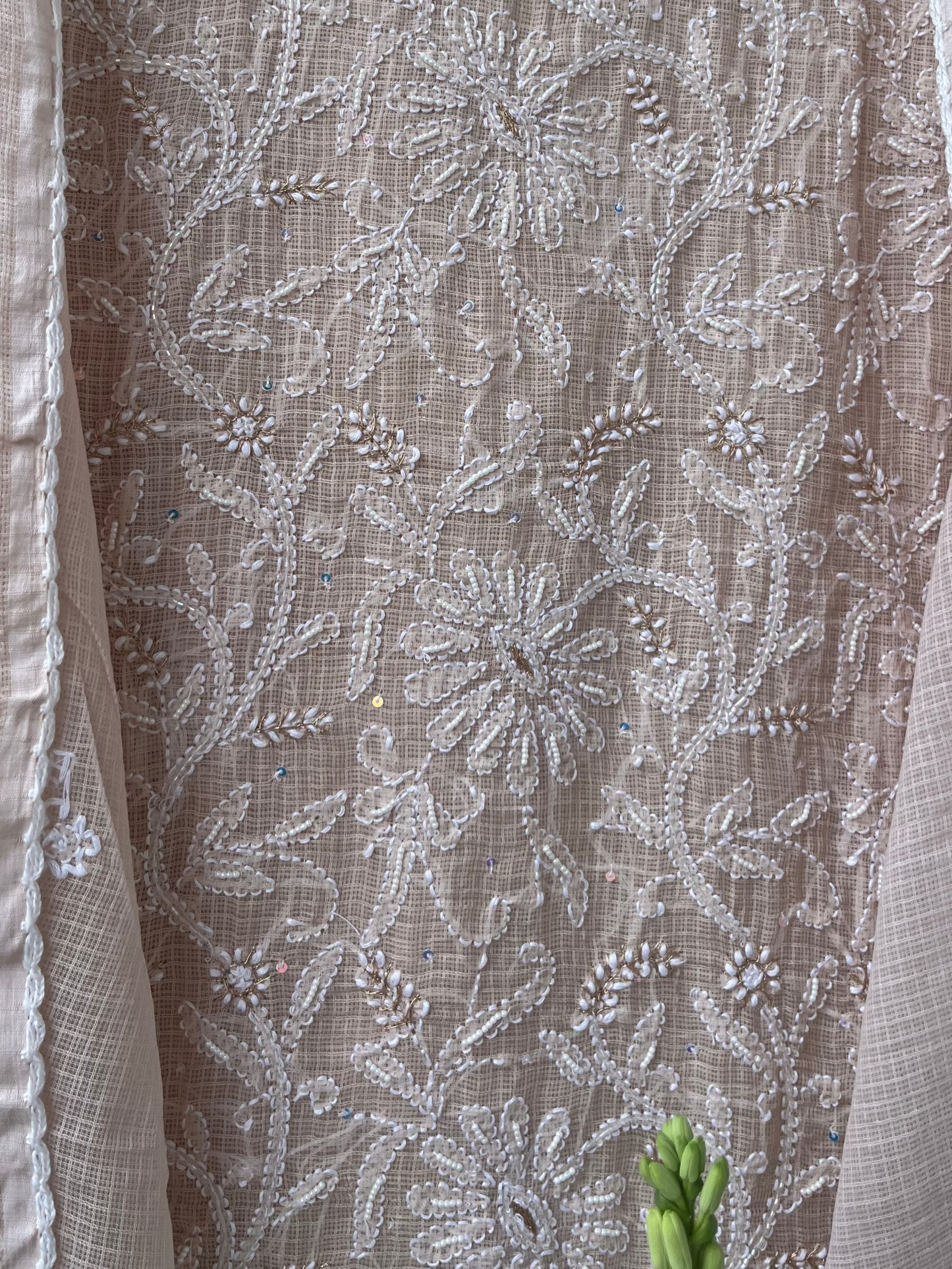Beige Kota Unstitched Chikankari & Pearl Festive Suit Set