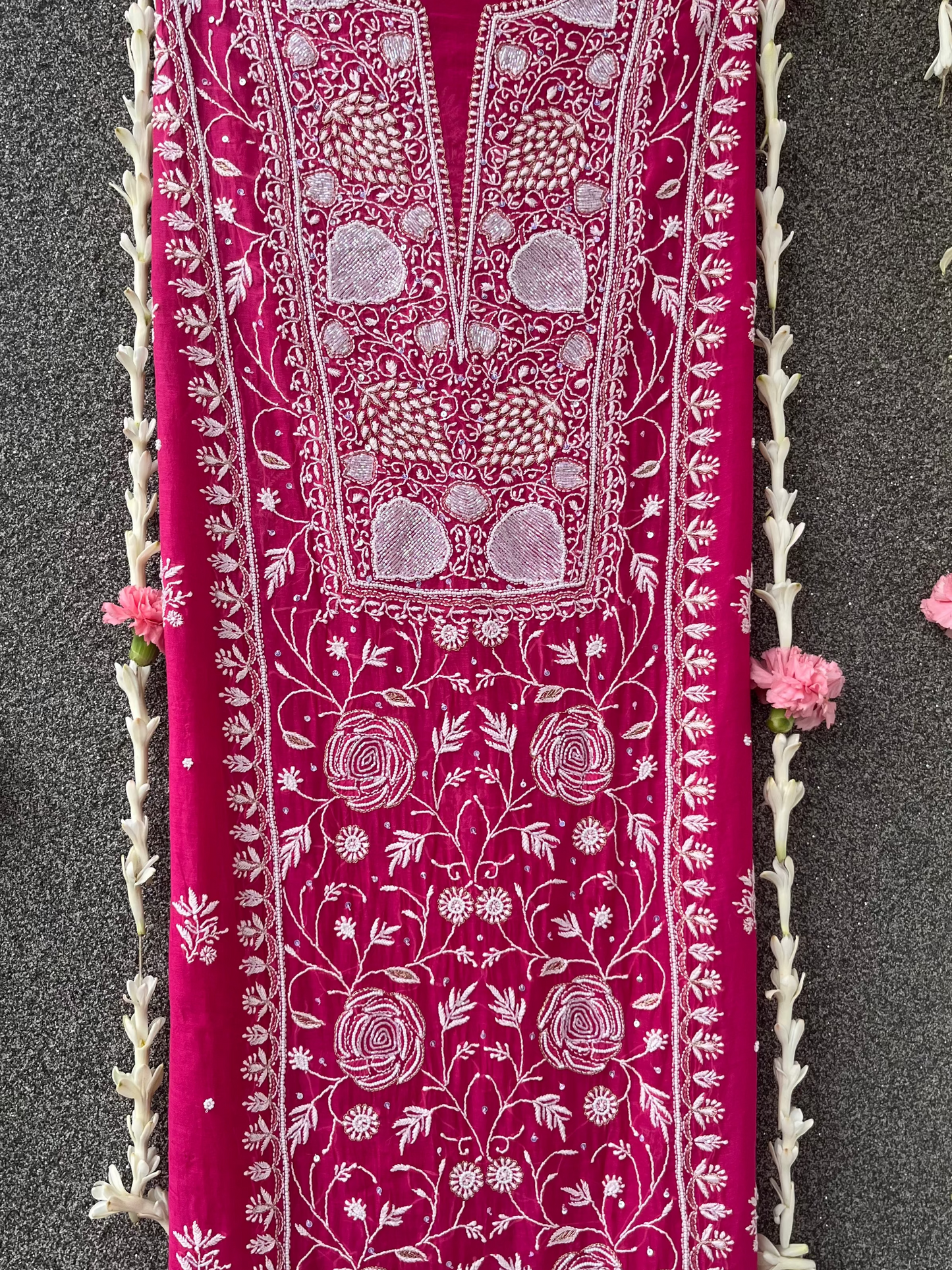Pink Mul Chanderi Unstitched Chikankari & Pearl Festive Suit Set