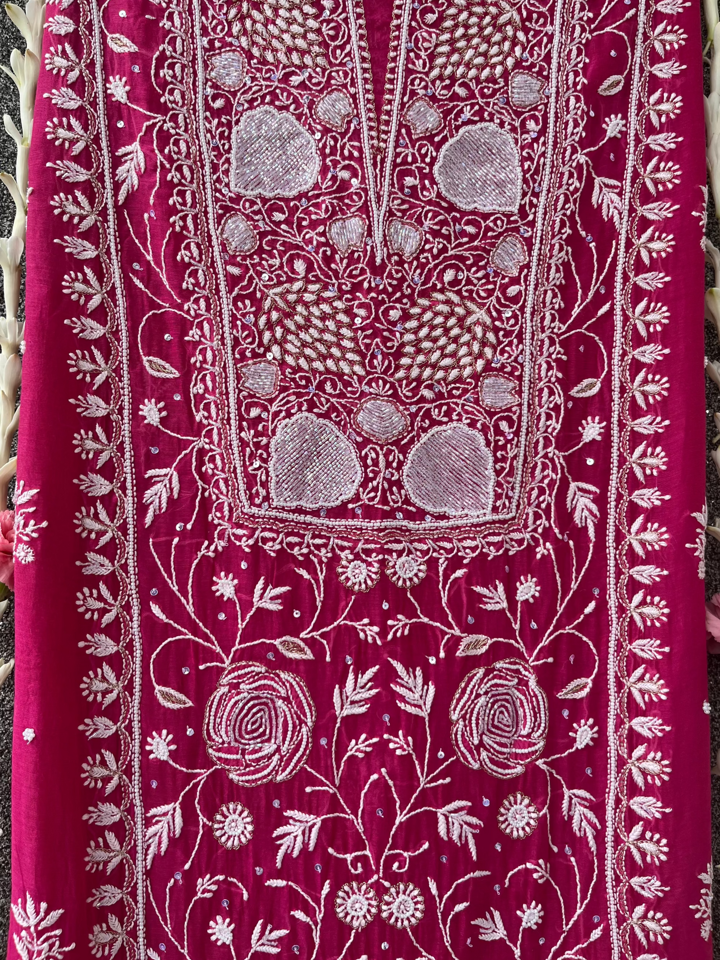 Pink Mul Chanderi Unstitched Chikankari & Pearl Festive Suit Set