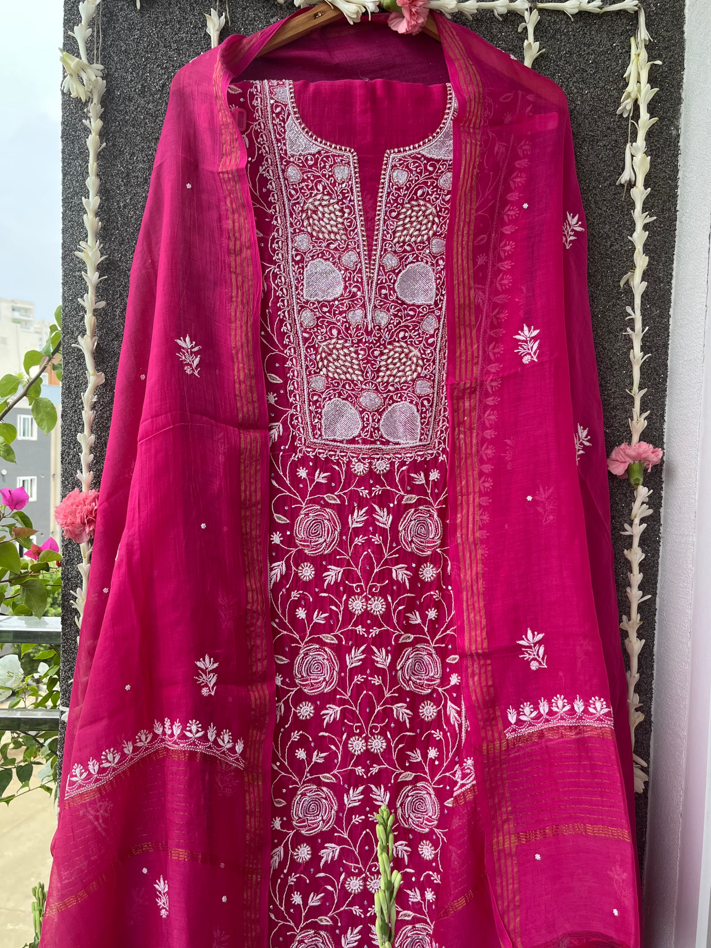 Pink Mul Chanderi Unstitched Chikankari & Pearl Festive Suit Set