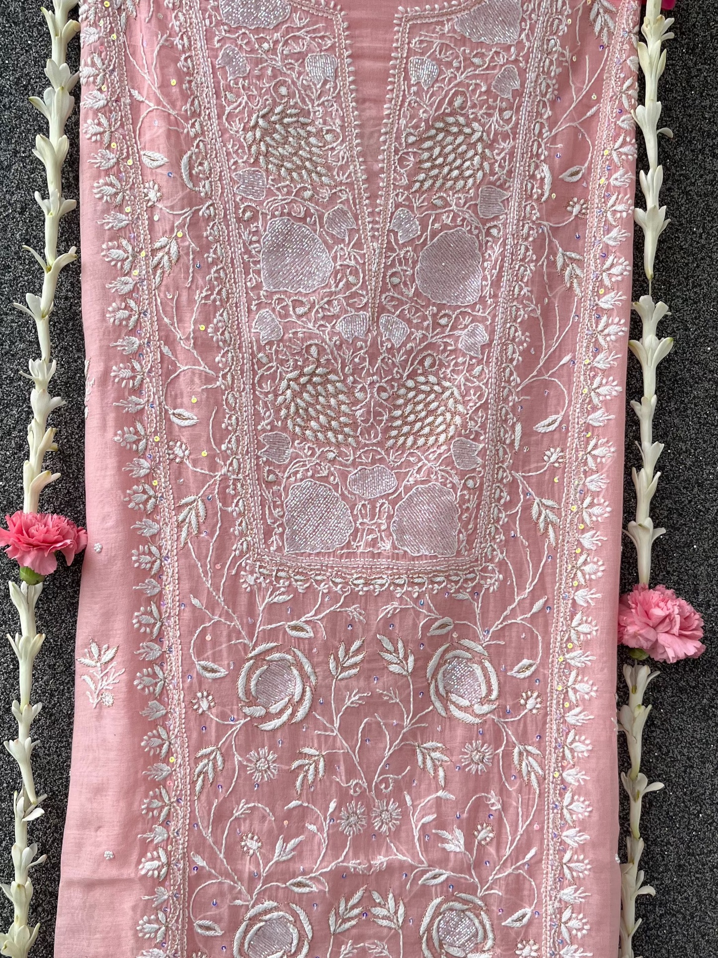 Peach Mul Chanderi Unstitched Chikankari & Pearl Festive Suit Set