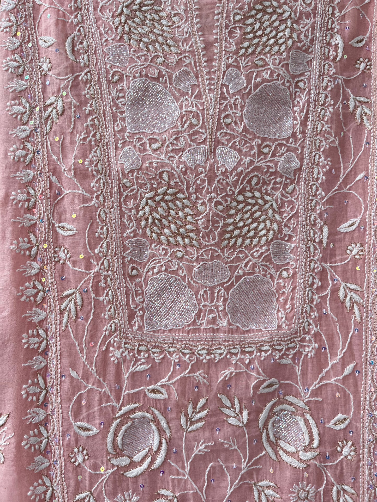 Peach Mul Chanderi Unstitched Chikankari & Pearl Festive Suit Set