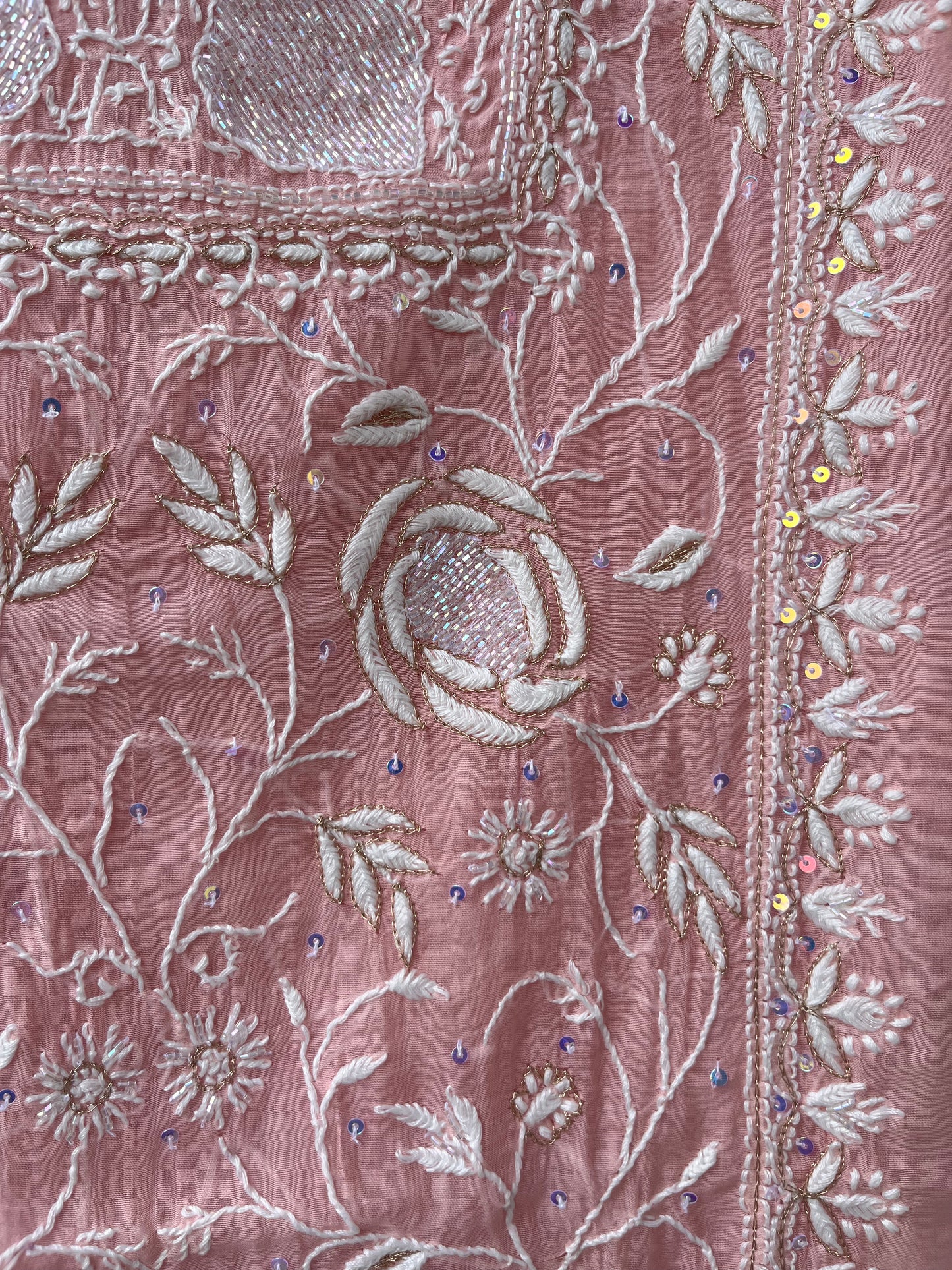 Peach Mul Chanderi Unstitched Chikankari & Pearl Festive Suit Set