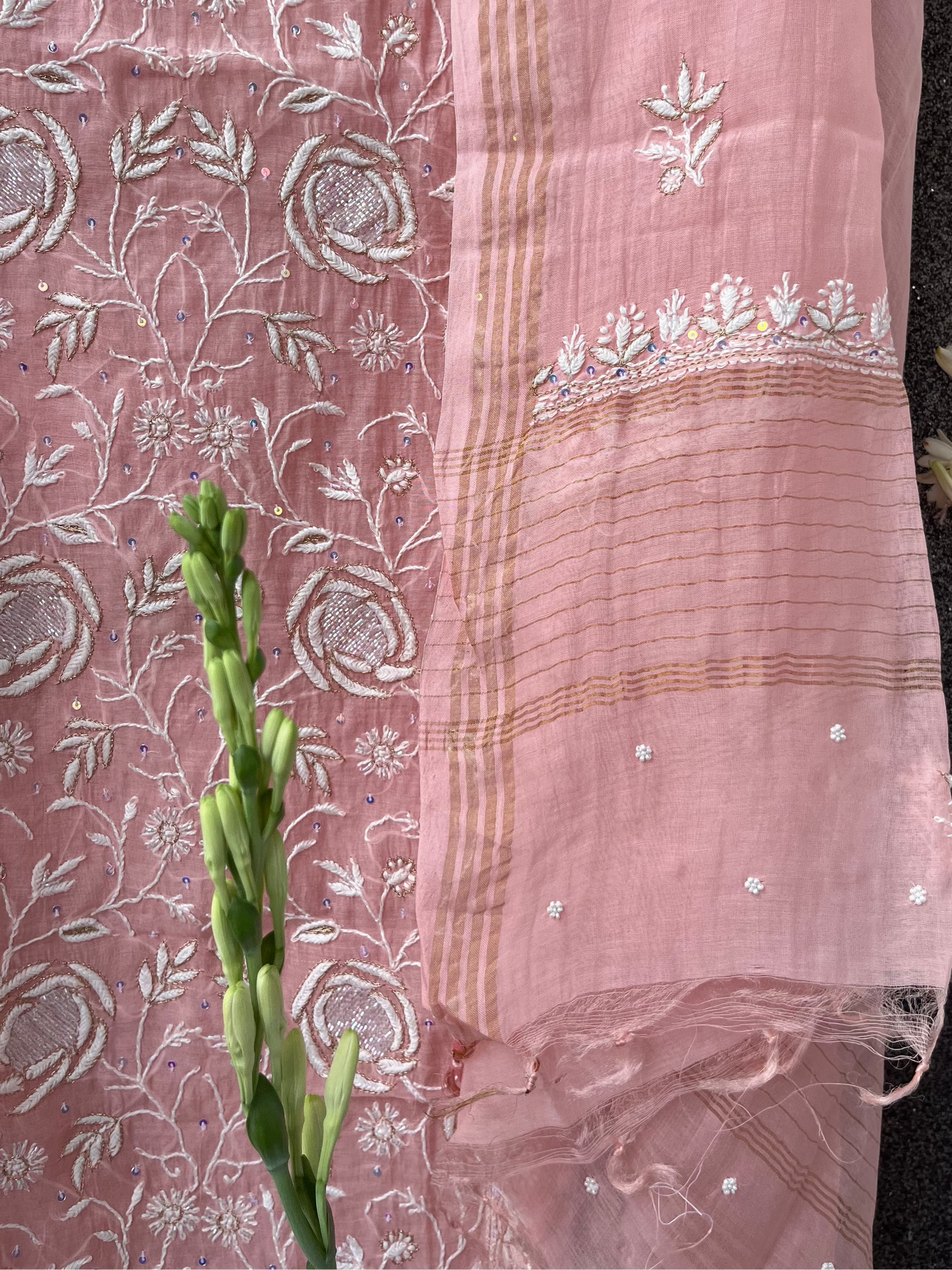 Peach Mul Chanderi Unstitched Chikankari & Pearl Festive 2 pc Suit Set