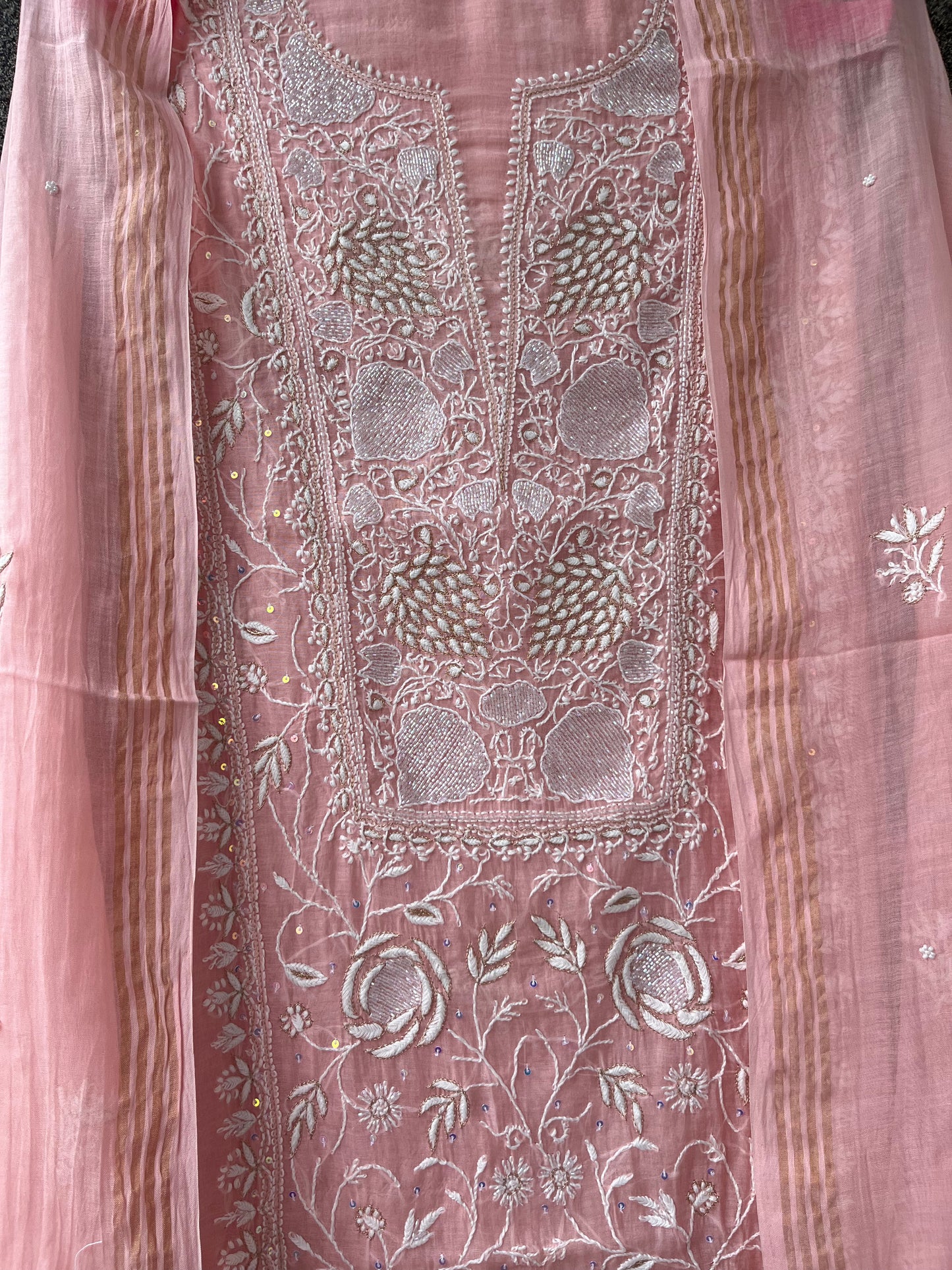 Peach Mul Chanderi Unstitched Chikankari & Pearl Festive Suit Set