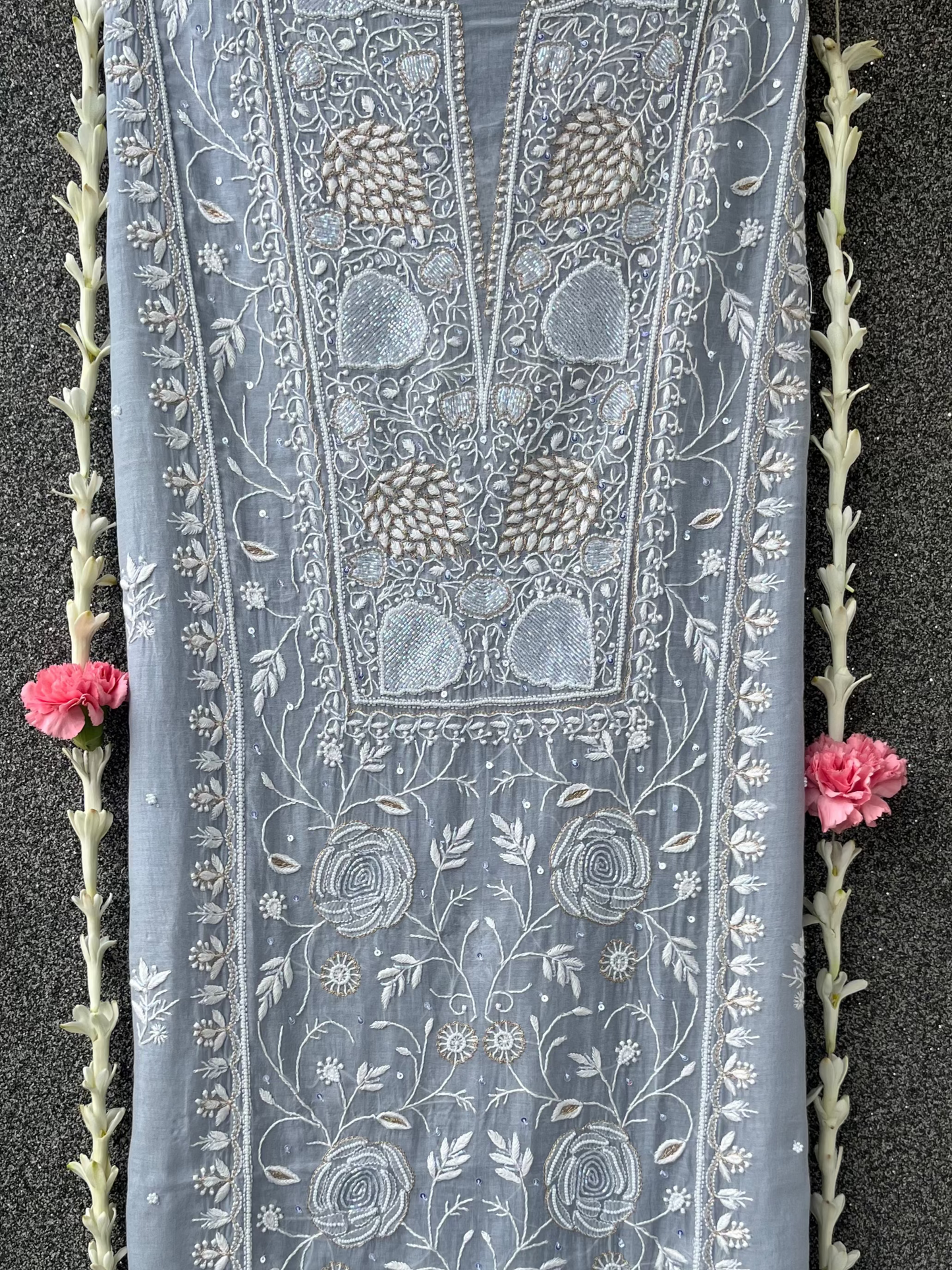 Cool Grey Mul Chanderi Unstitched Chikankari & Pearl Festive Suit Set