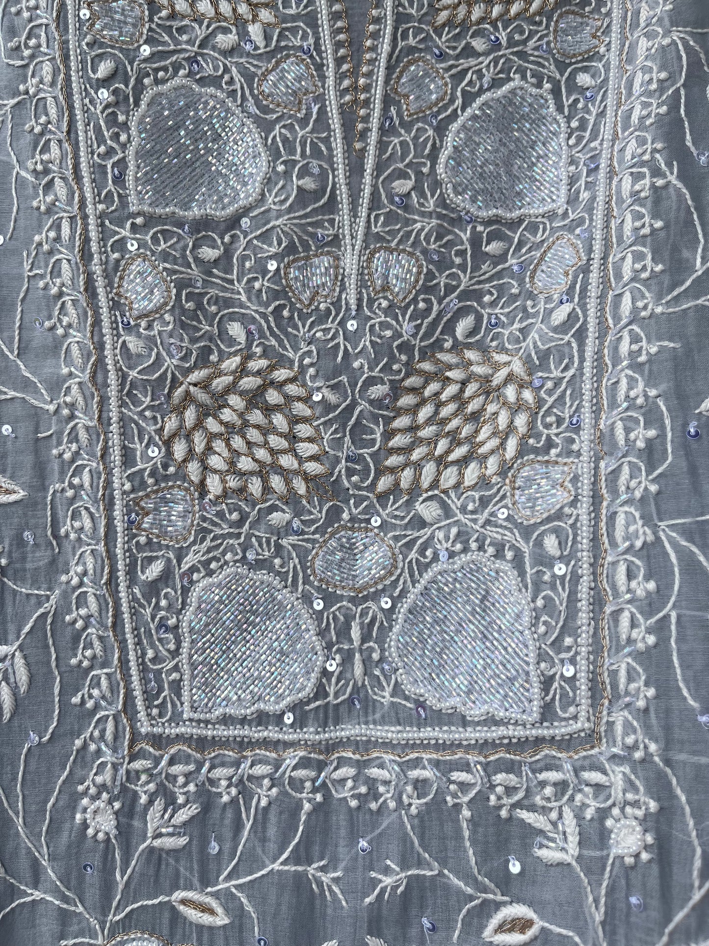 Cool Grey Mul Chanderi Unstitched Chikankari & Pearl Festive Suit Set
