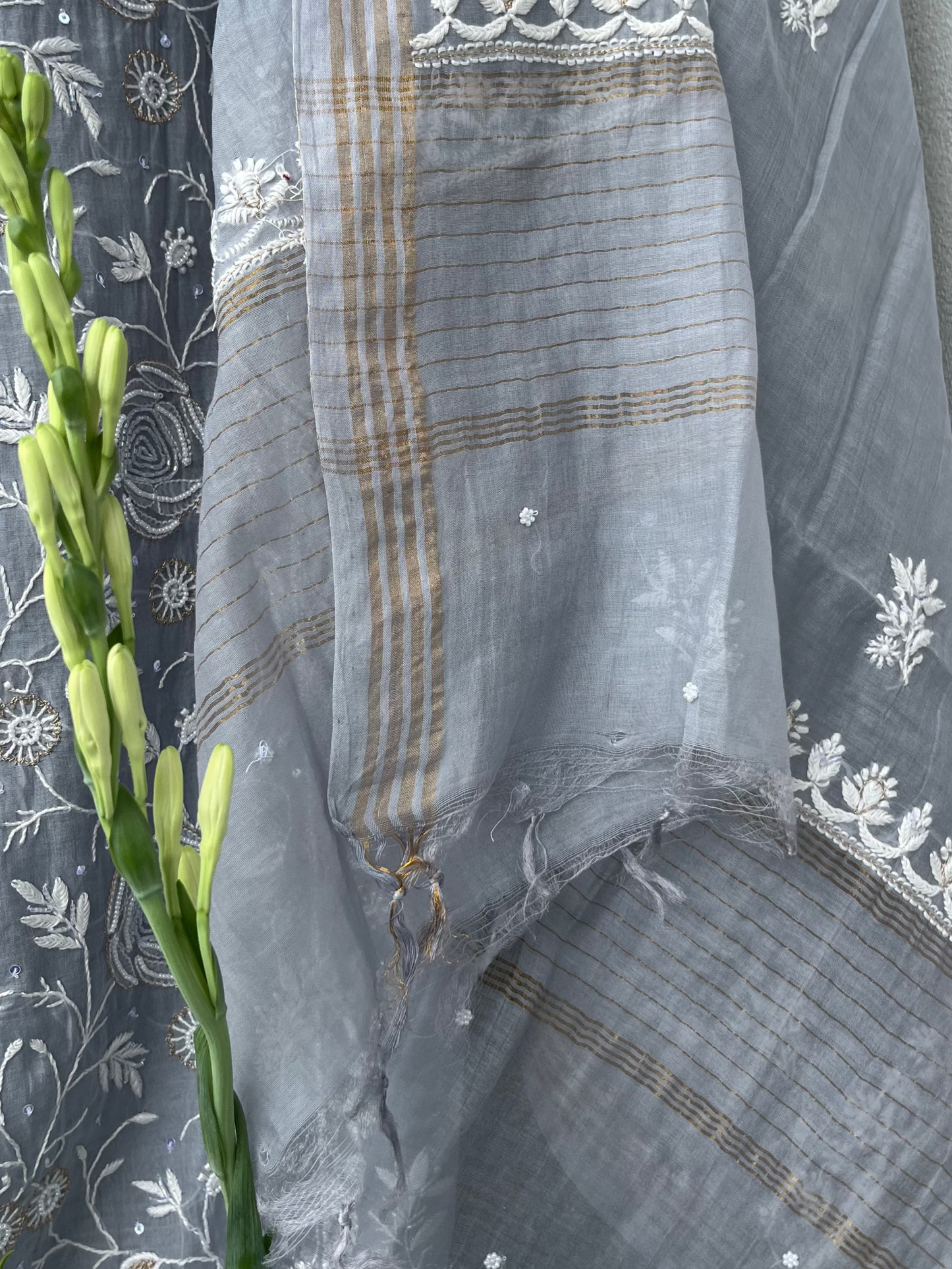Cool Grey Mul Chanderi Unstitched Chikankari & Pearl Festive Suit Set