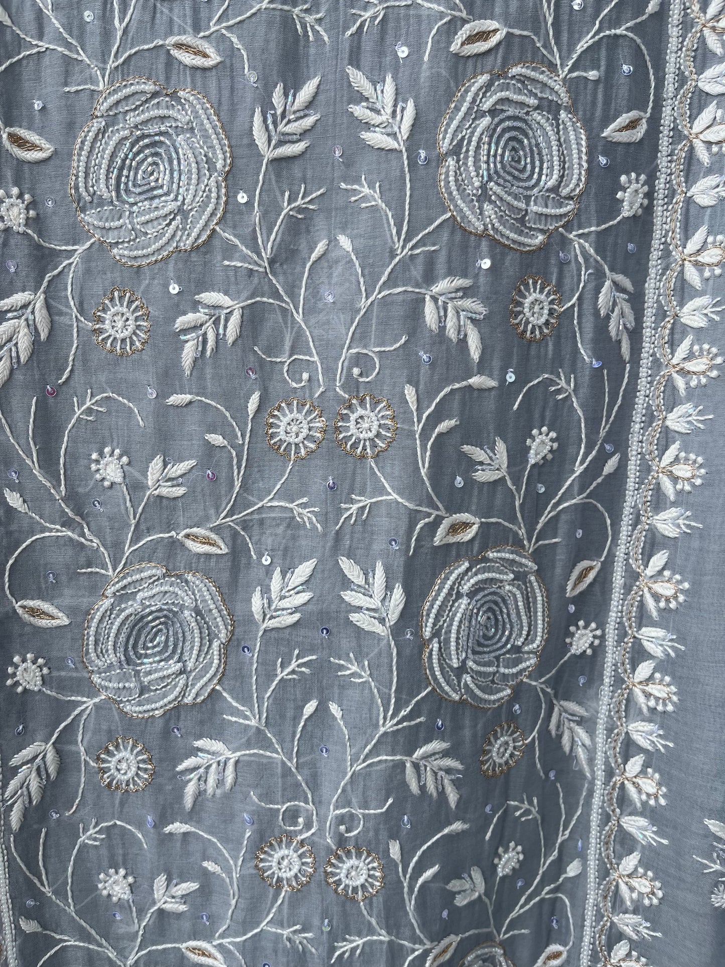Cool Grey Mul Chanderi Unstitched Chikankari & Pearl Festive Suit Set