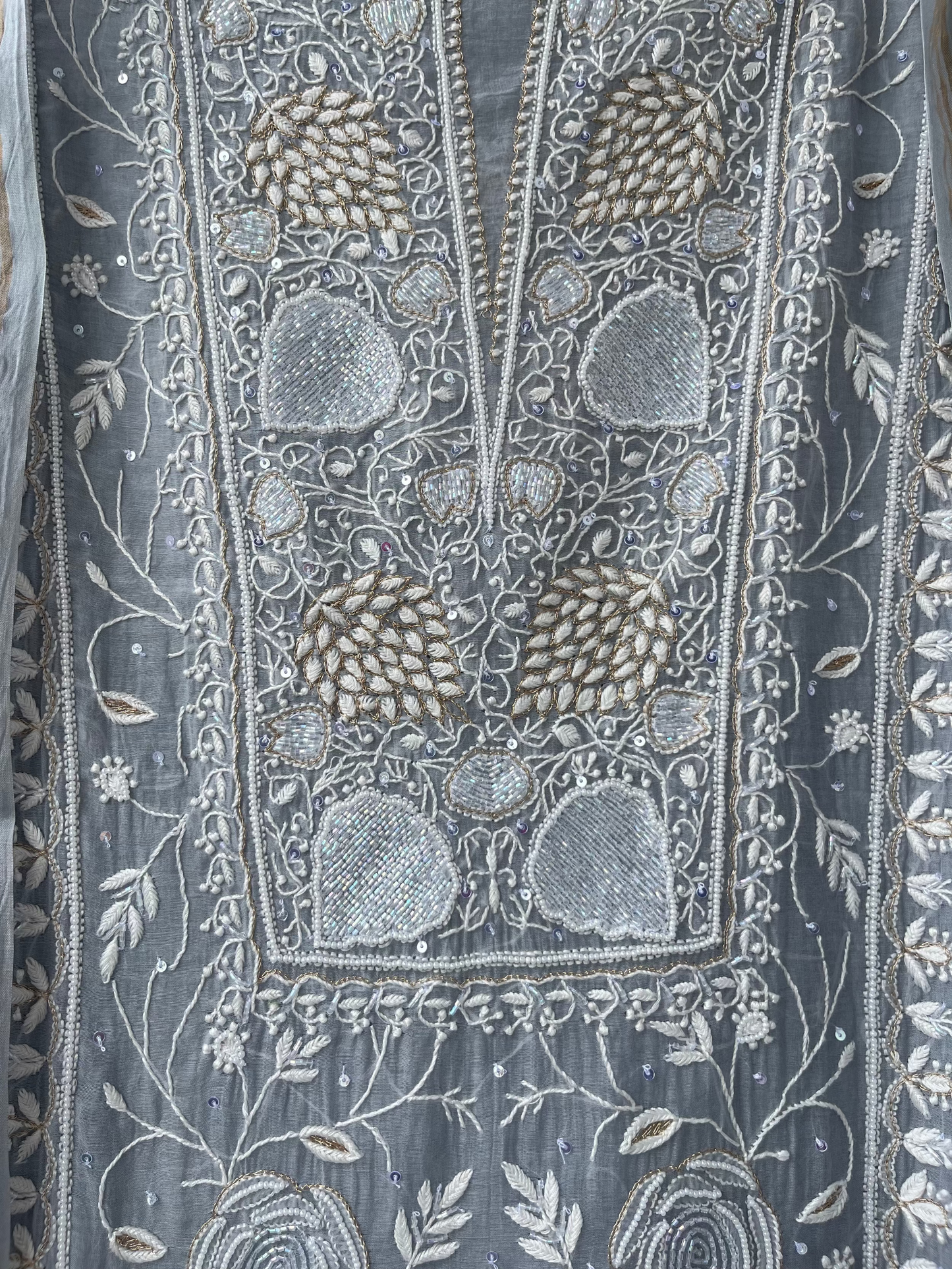 Cool Grey Mul Chanderi Unstitched Chikankari & Pearl Festive Suit Set