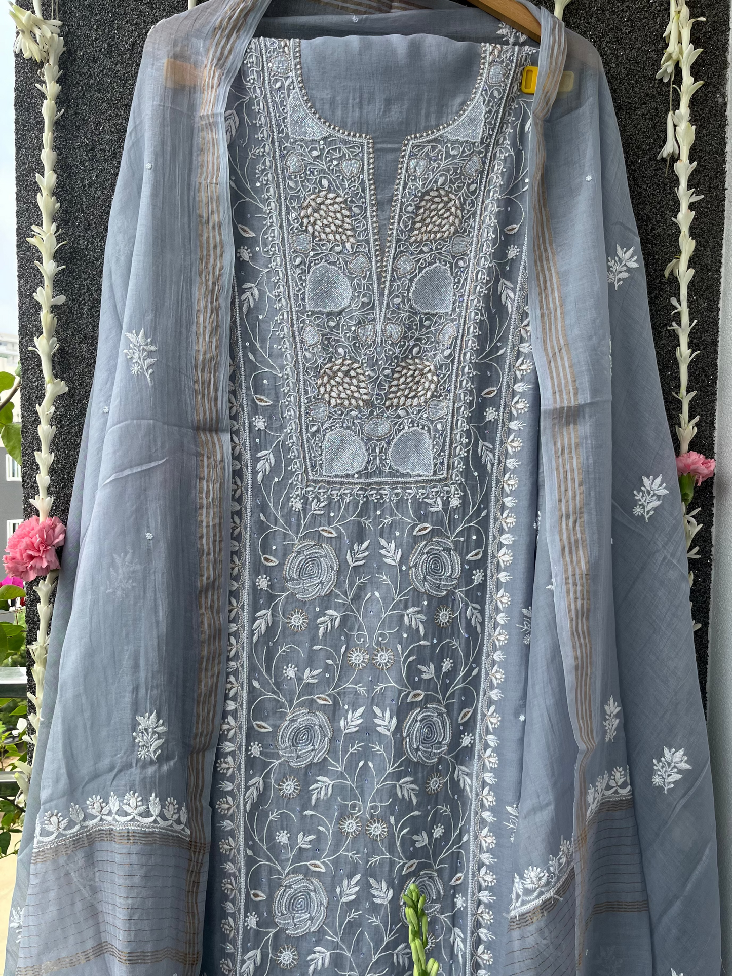 Cool Grey Mul Chanderi Unstitched Chikankari & Pearl Festive Suit Set