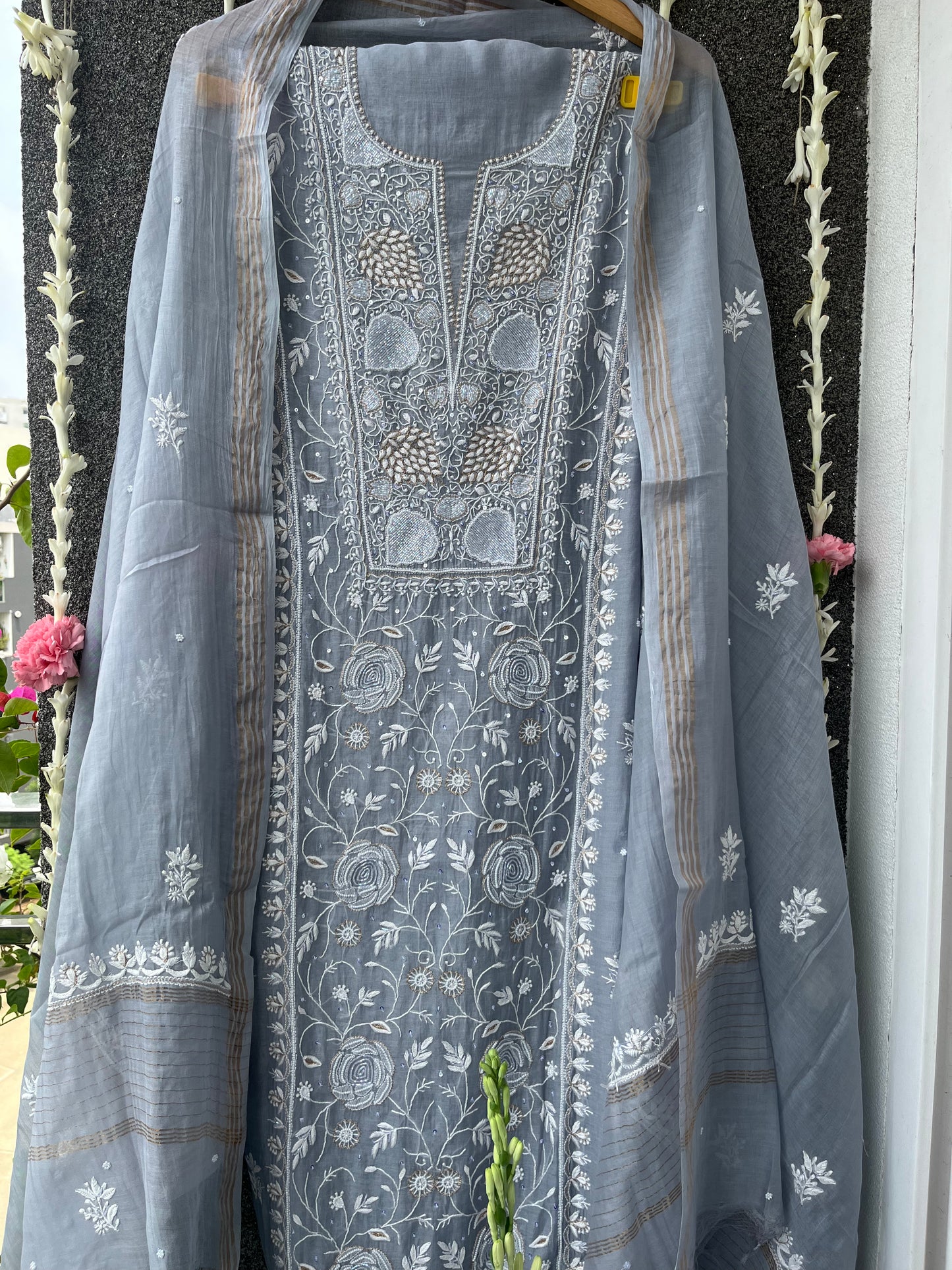 Cool Grey Mul Chanderi Unstitched Chikankari & Pearl Festive Suit Set