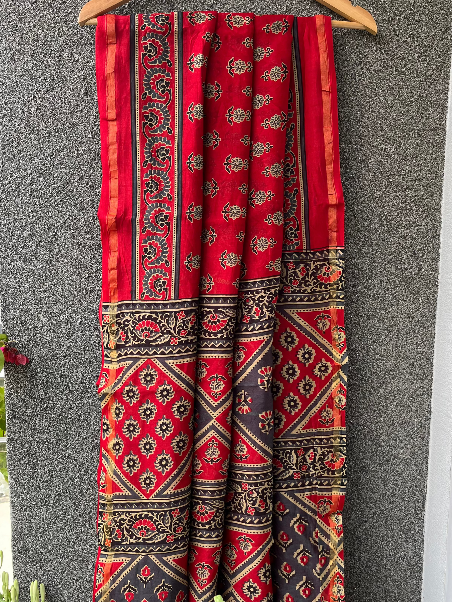 Red & Blue Ajrakh Chanderi Saree