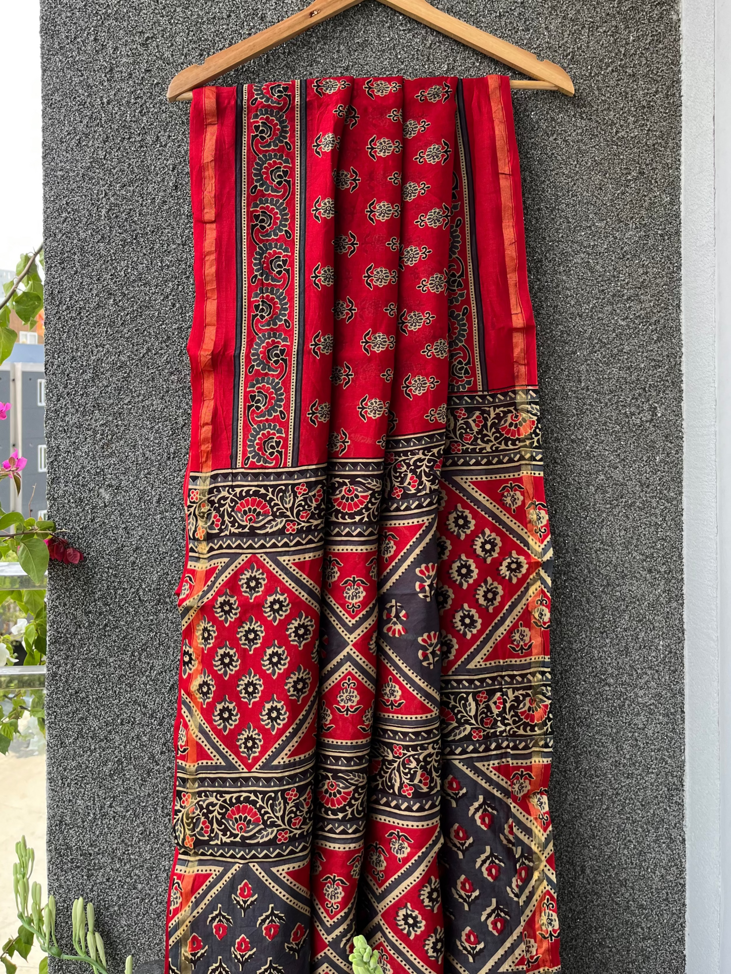 Red & Blue Ajrakh Chanderi Saree
