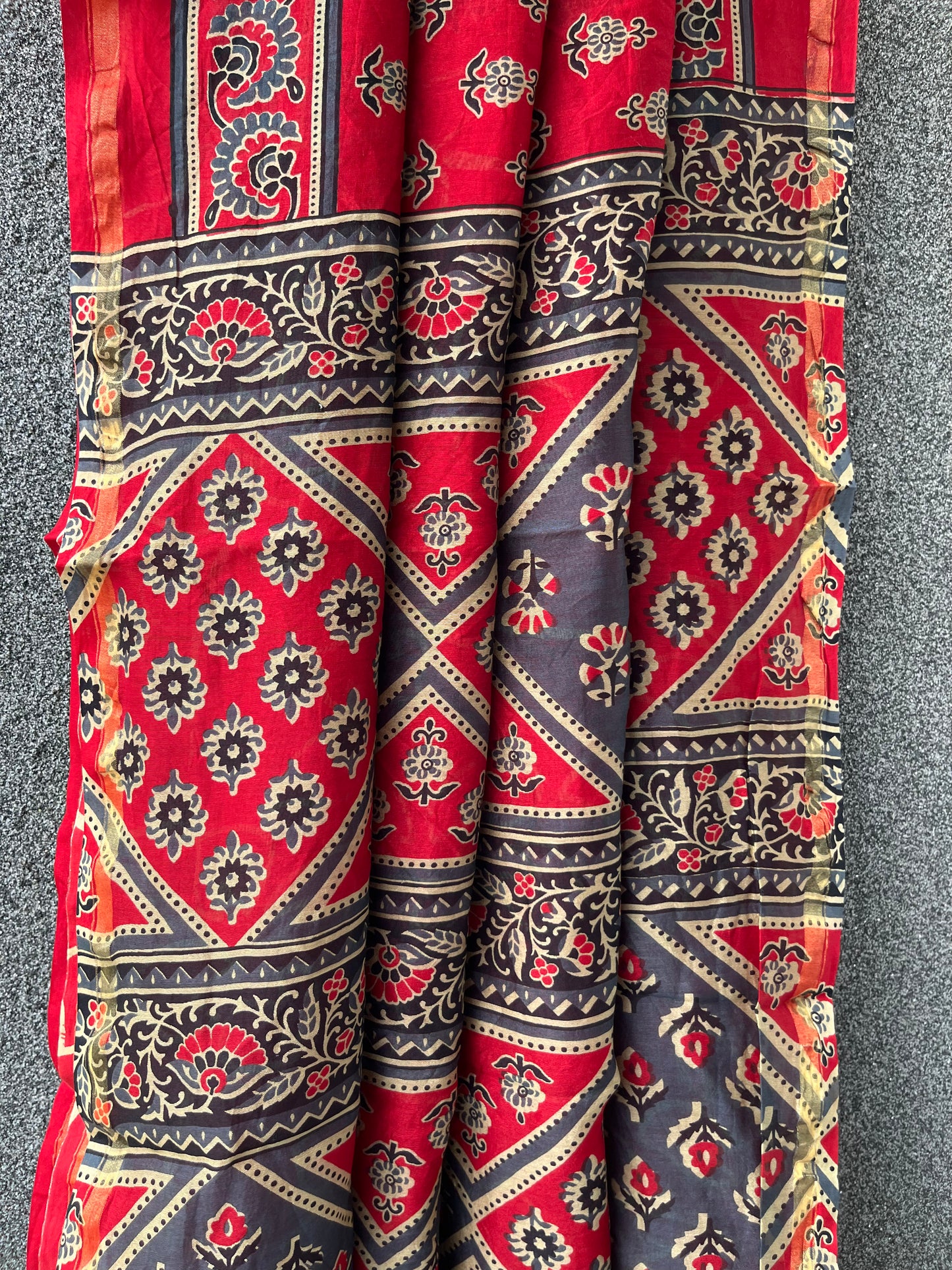 Red & Blue Ajrakh Chanderi Saree