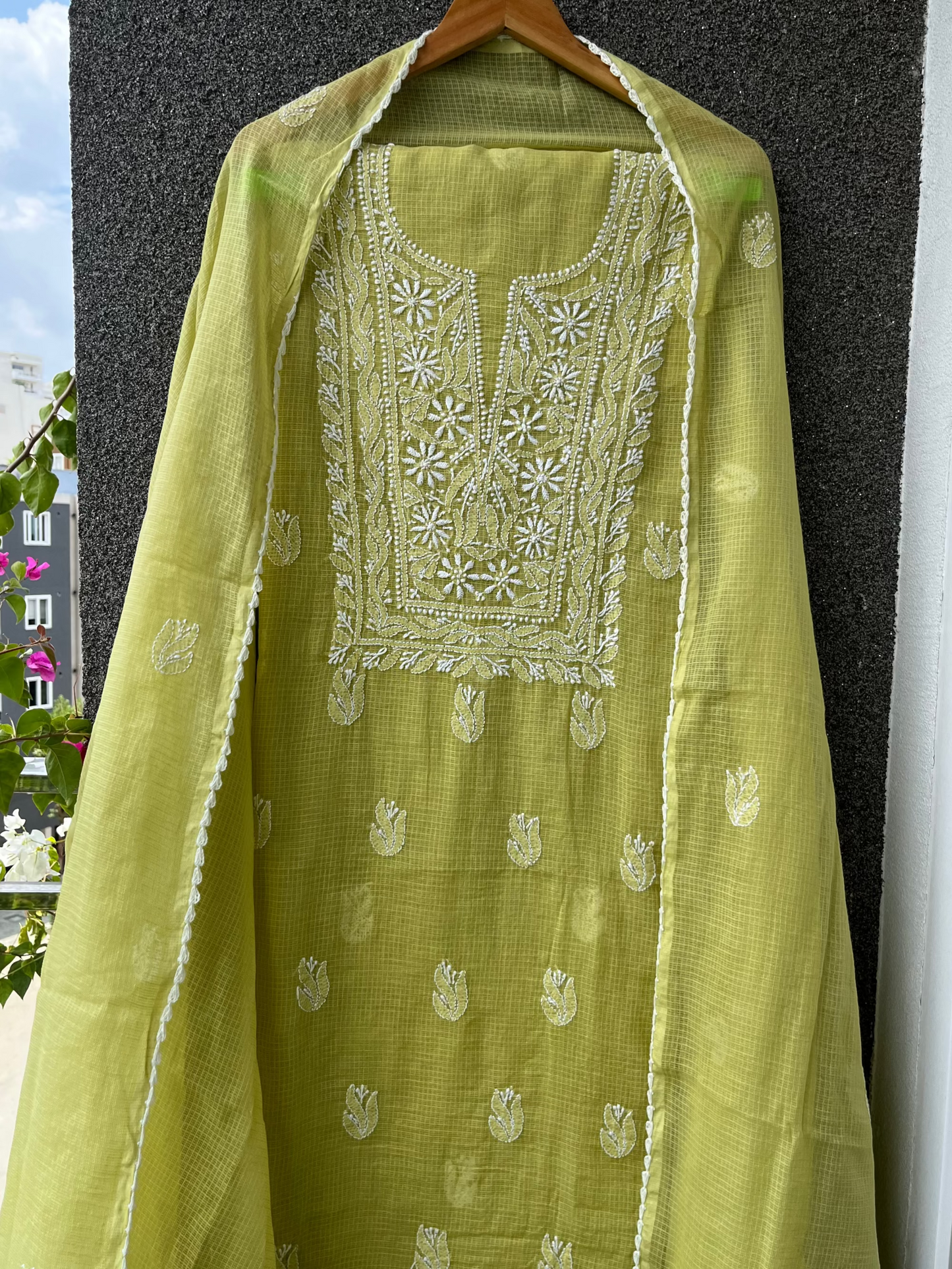 Akanksha Unstitched Lime Chikankari Kurta Set