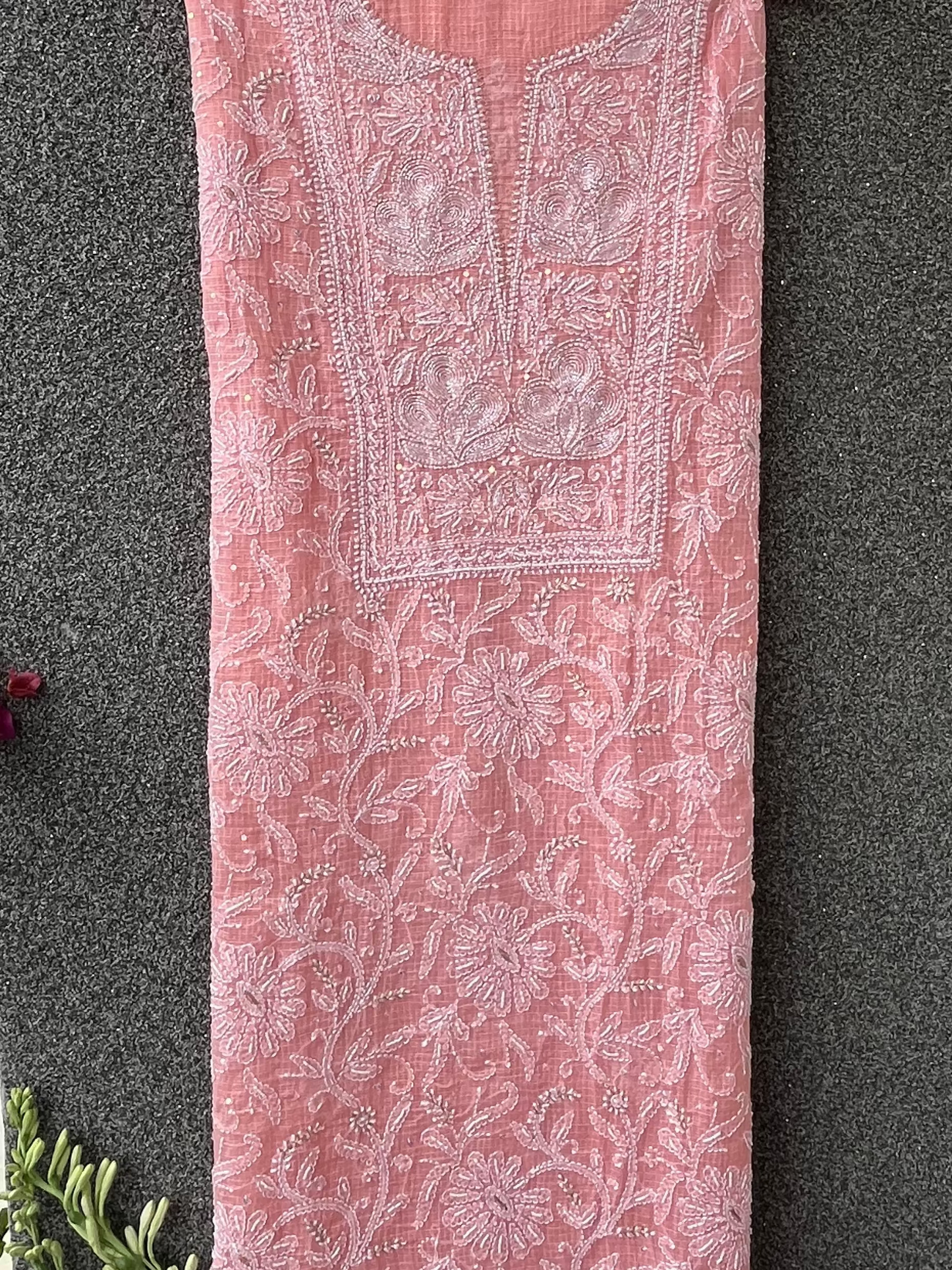 Peach Kota Unstitched Chikankari & Pearl Festive Suit Set