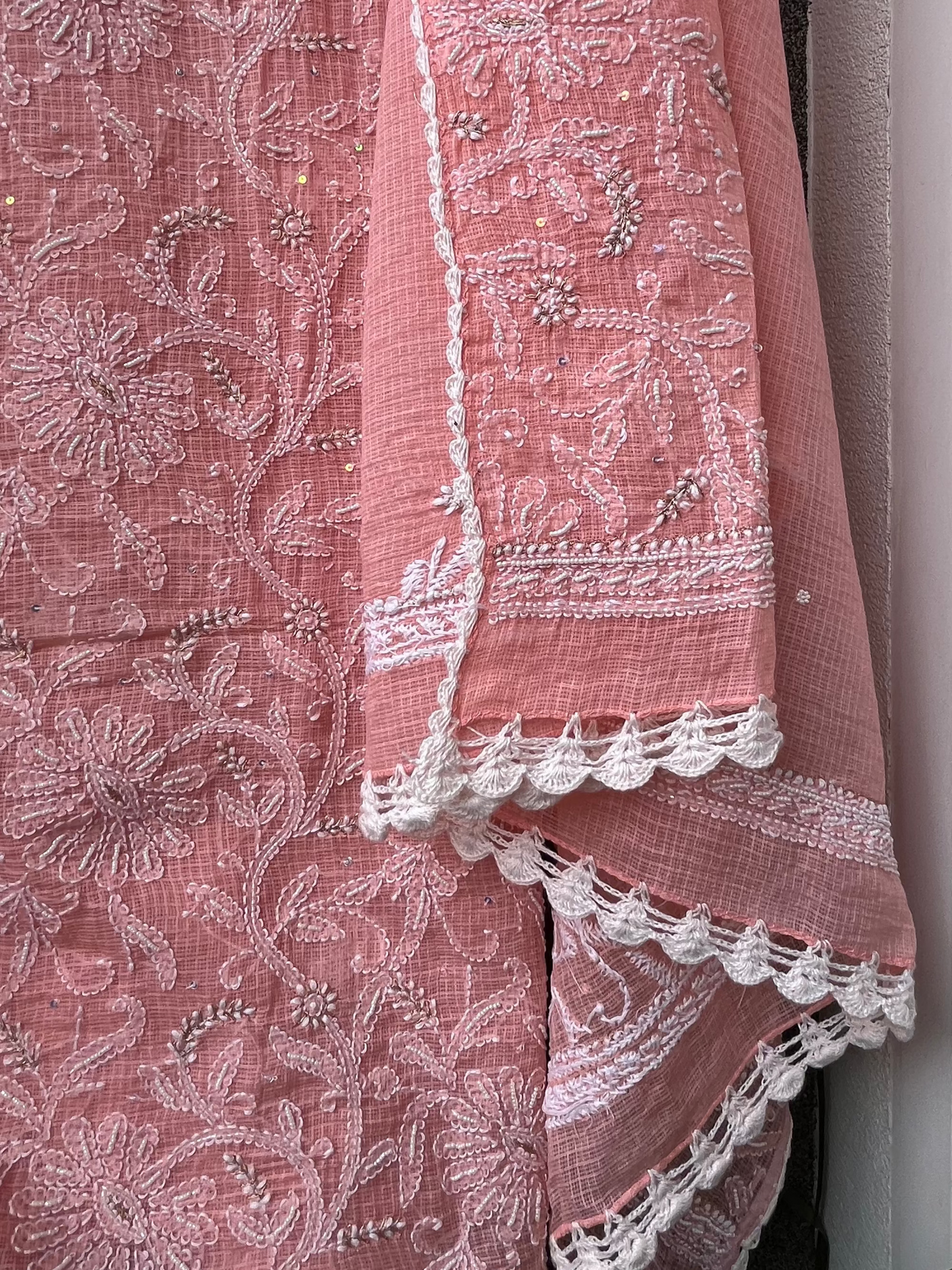 Peach Kota Unstitched Chikankari & Pearl Festive Suit Set