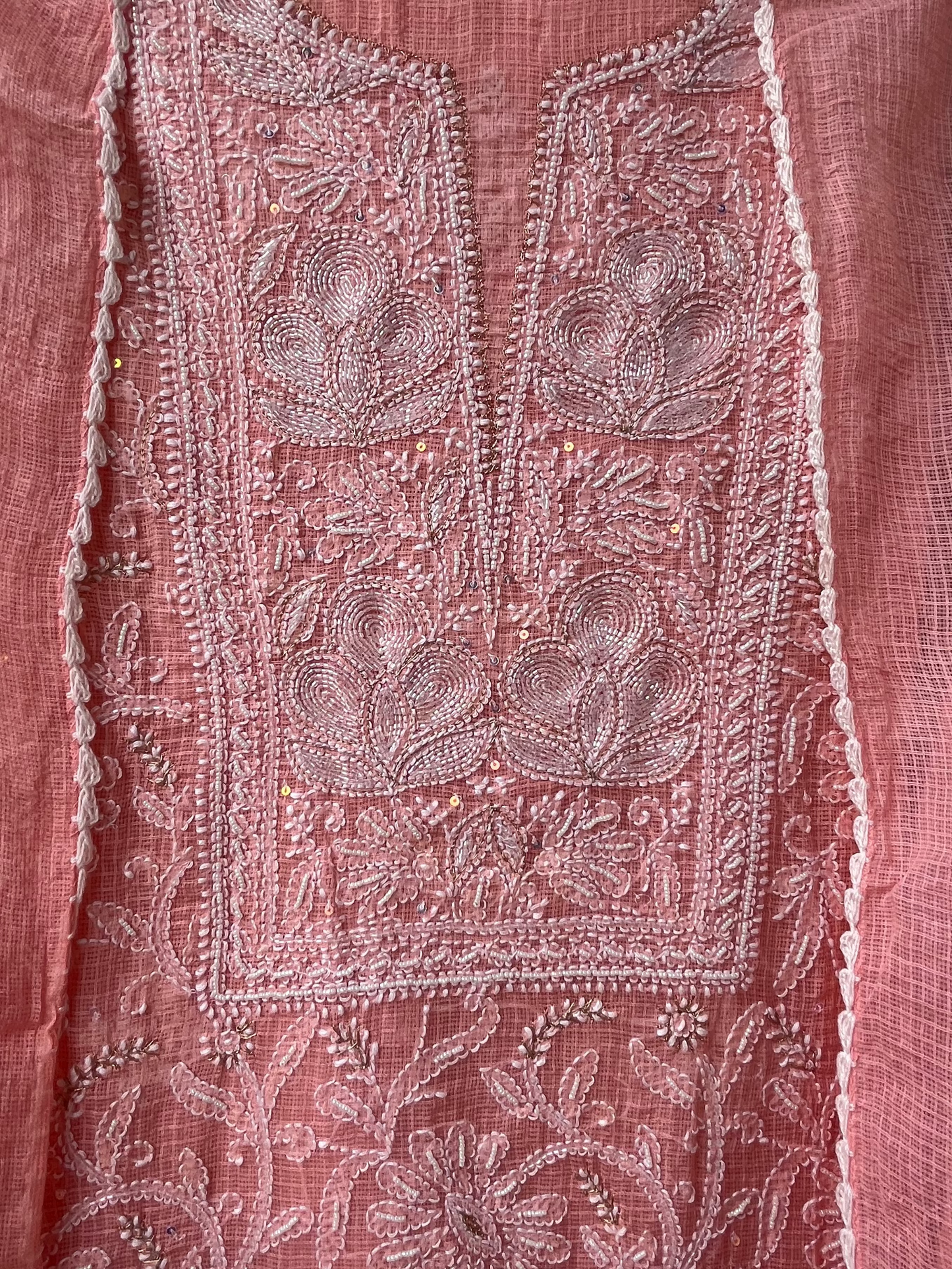 Peach Kota Unstitched Chikankari & Pearl Festive Suit Set