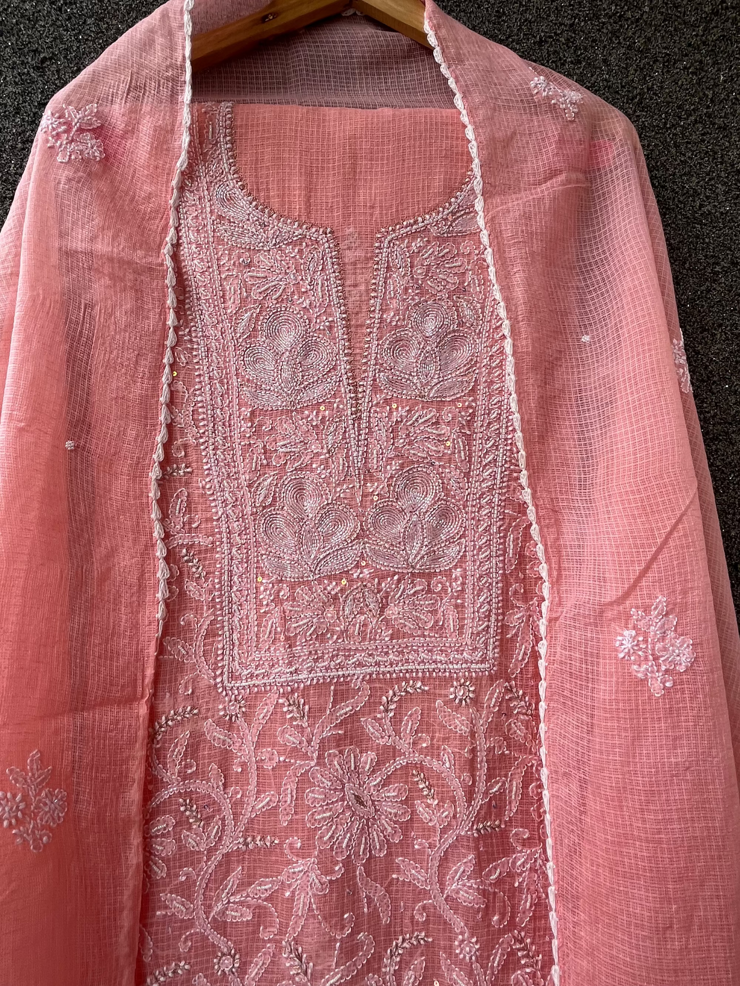 Peach Kota Unstitched Chikankari & Pearl Festive Suit Set
