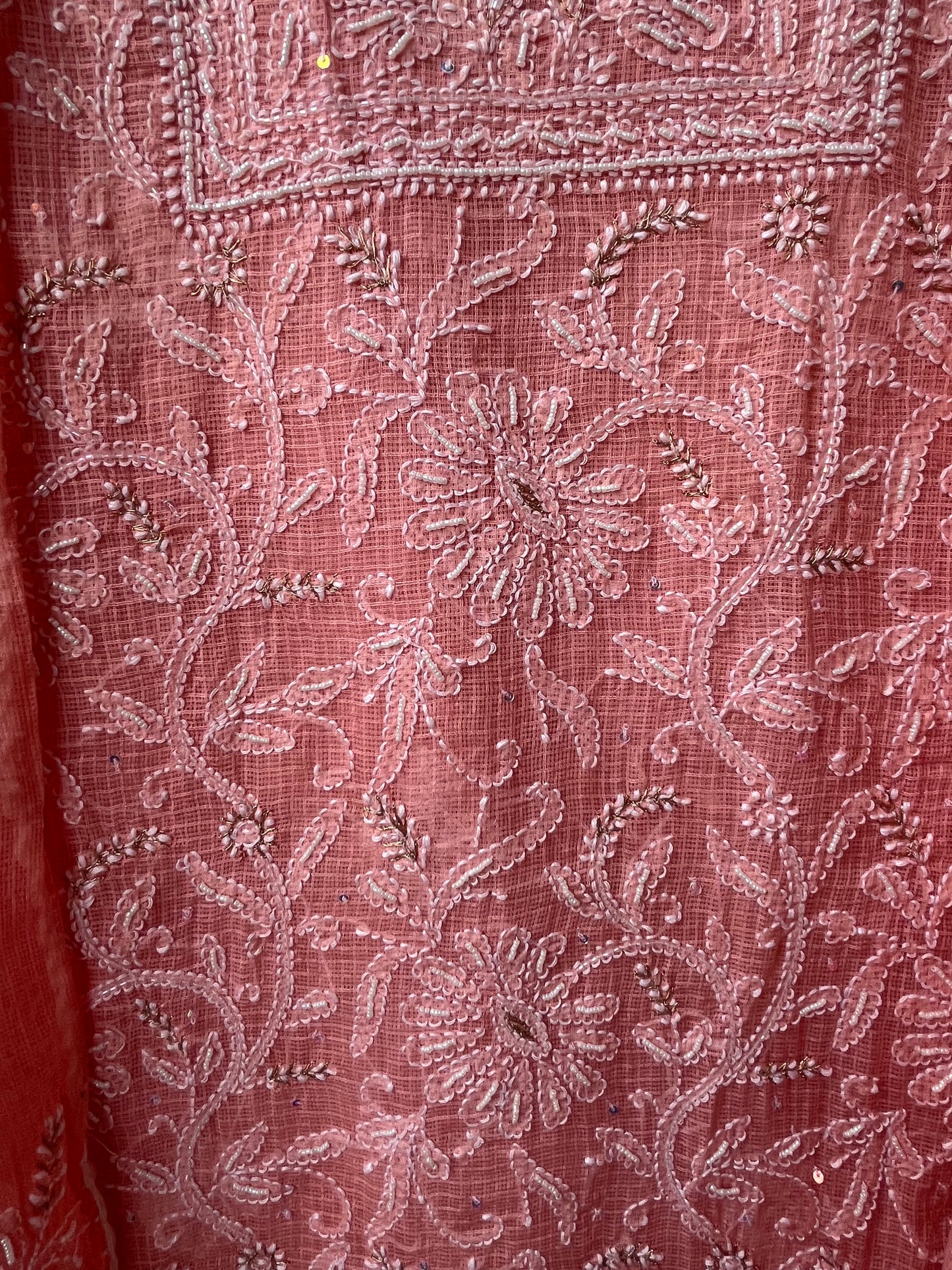 Peach Kota Unstitched Chikankari & Pearl Festive Suit Set