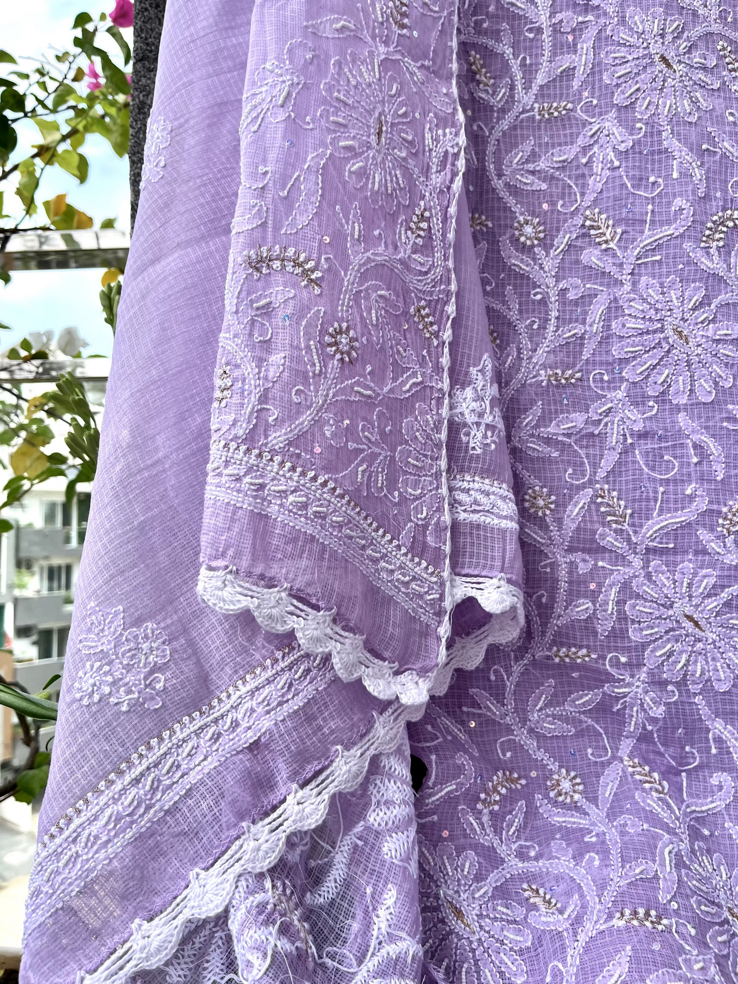 Lavender Kota Unstitched Chikankari & Pearl Festive 2 pc Suit Set