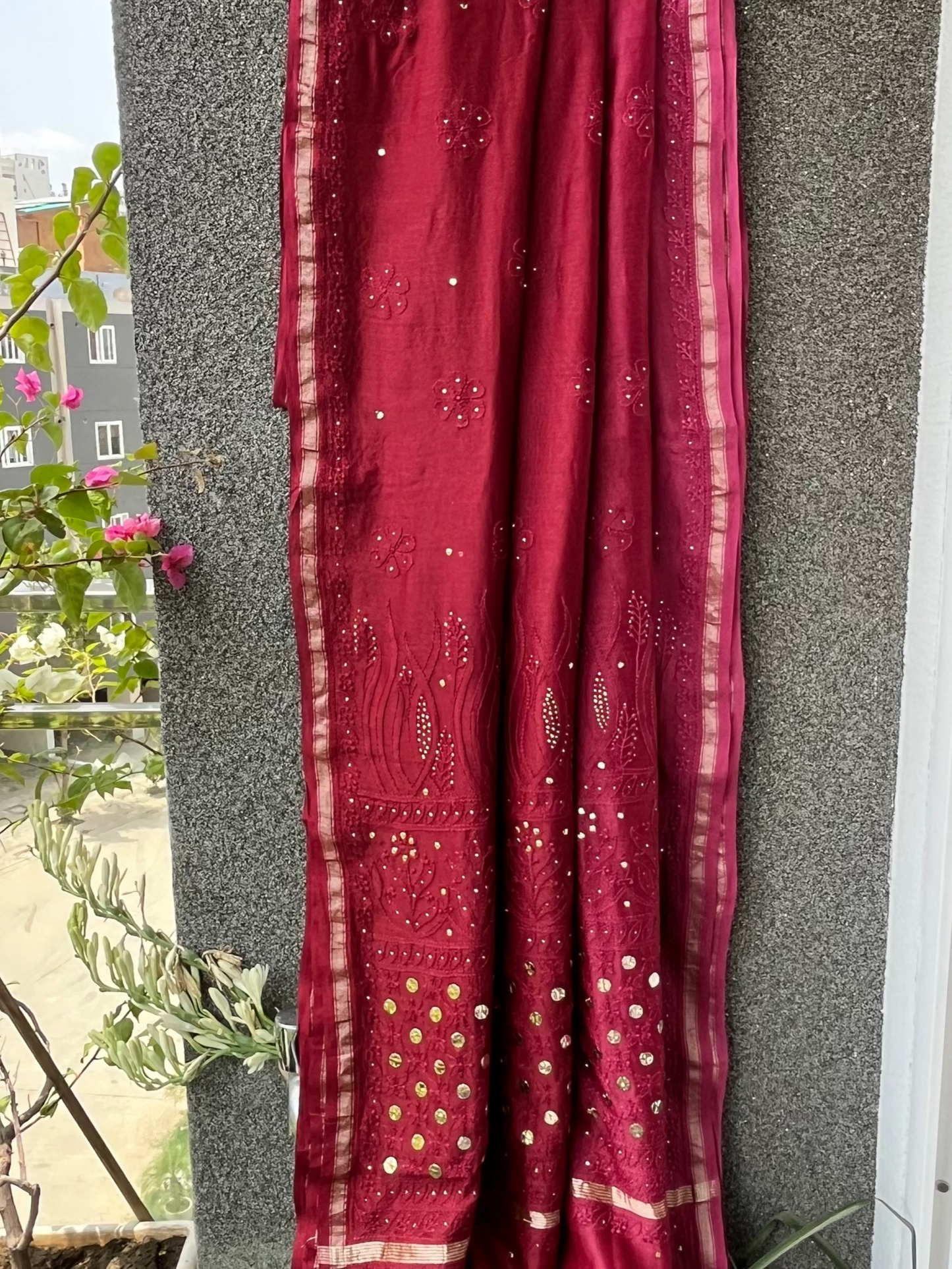Burgundy Ombre Chikankari Chanderi Saree with Mukaish work