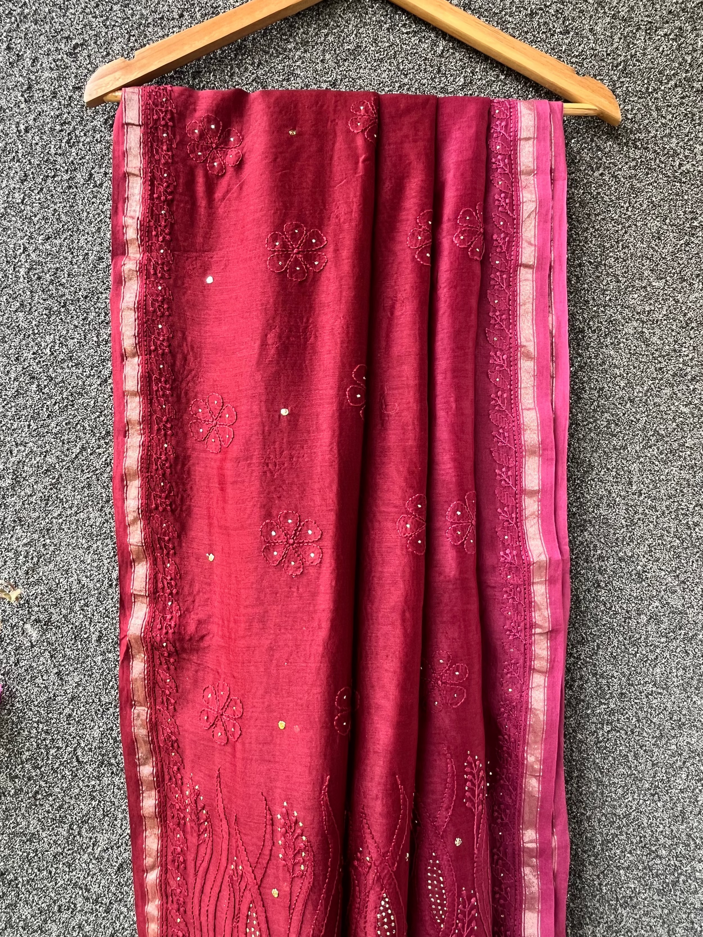 Burgundy Ombre Chikankari Chanderi Saree with Mukaish work