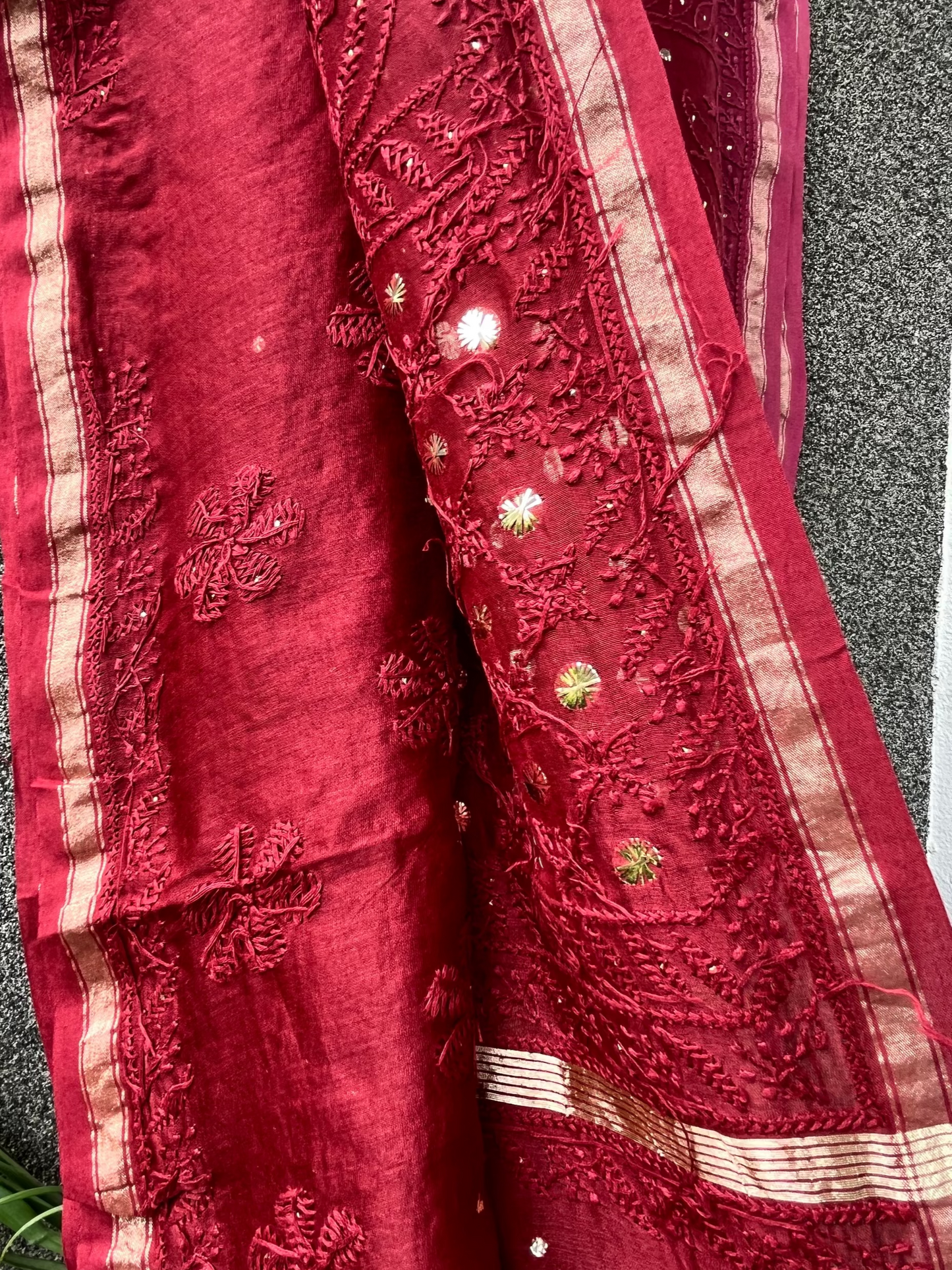 Burgundy Ombre Chikankari Chanderi Saree with Mukaish work