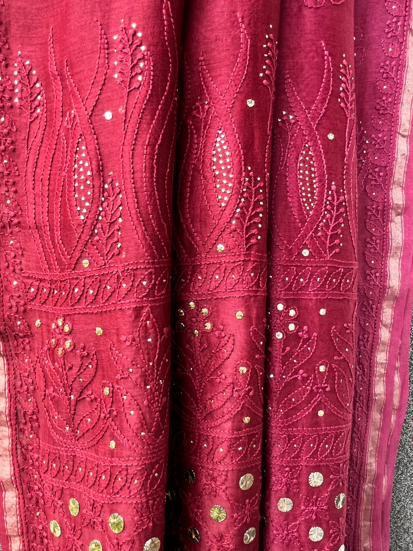 Burgundy Ombre Chikankari Chanderi Saree with Mukaish work
