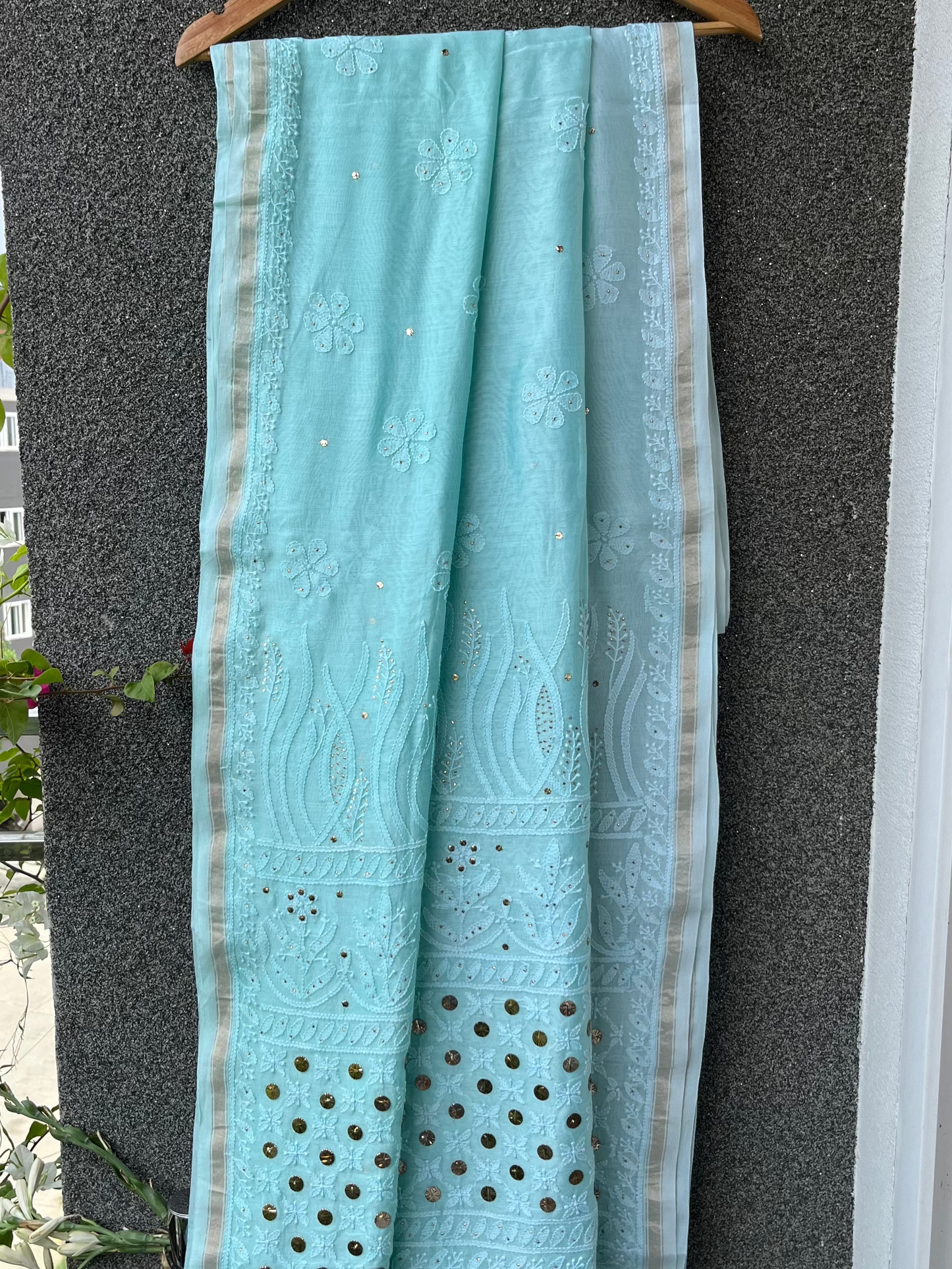 Sea Green Ombre Chikankari Chanderi Saree with Mukaish work