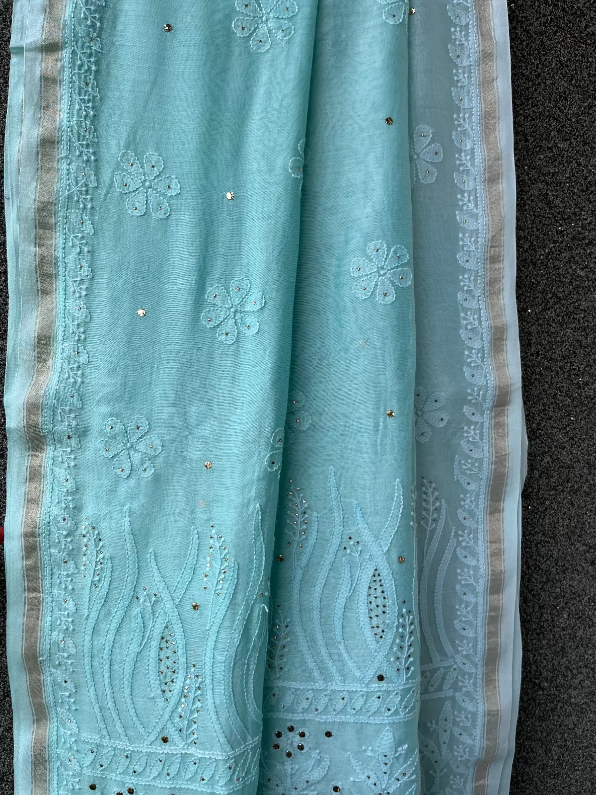 Sea Green Ombre Chikankari Chanderi Saree with Mukaish work