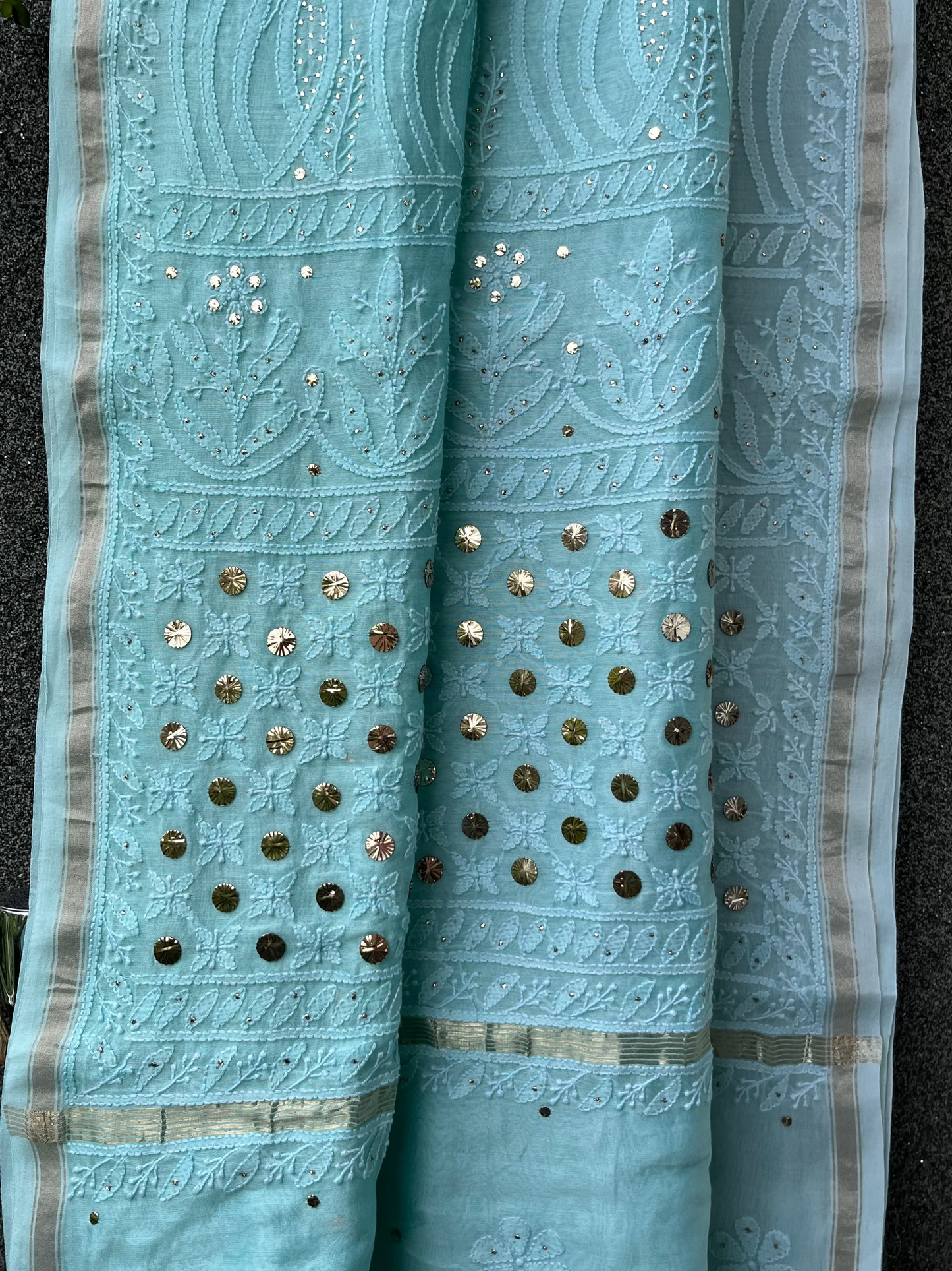 Sea Green Ombre Chikankari Chanderi Saree with Mukaish work