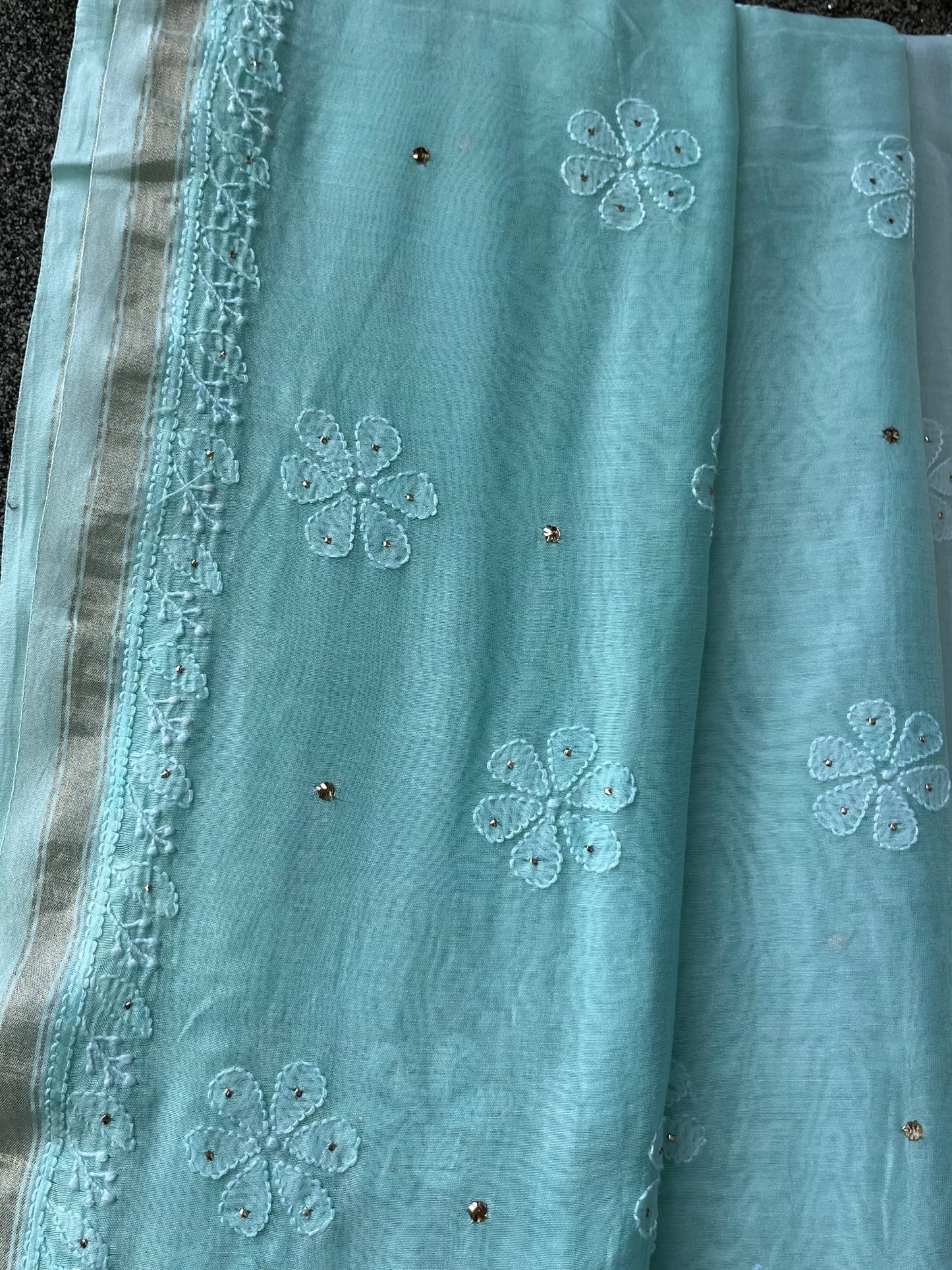 Sea Green Ombre Chikankari Chanderi Saree with Mukaish work
