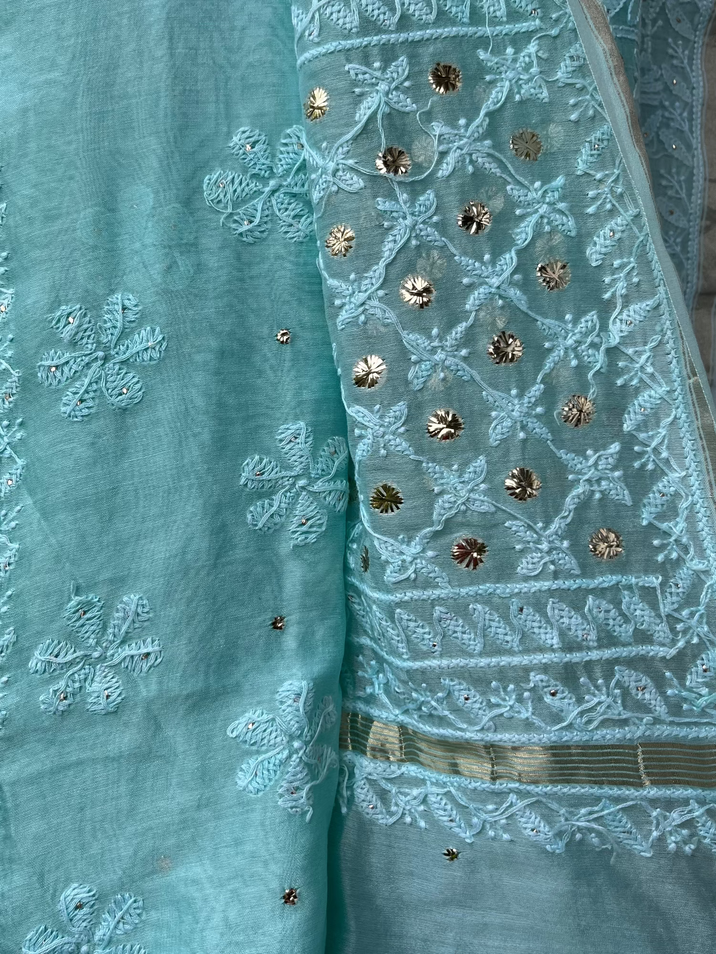 Sea Green Ombre Chikankari Chanderi Saree with Mukaish work